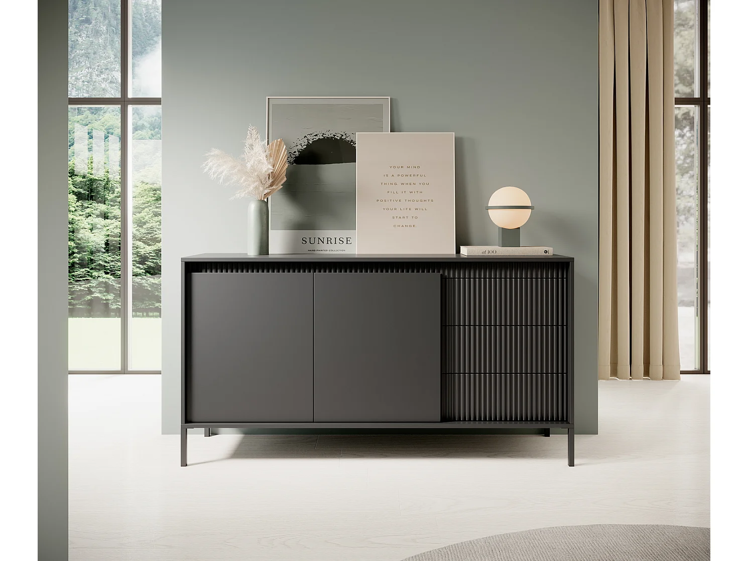 Commode 2 portes Santori - commode noir 155 cm sur pieds, 3 tiroirs