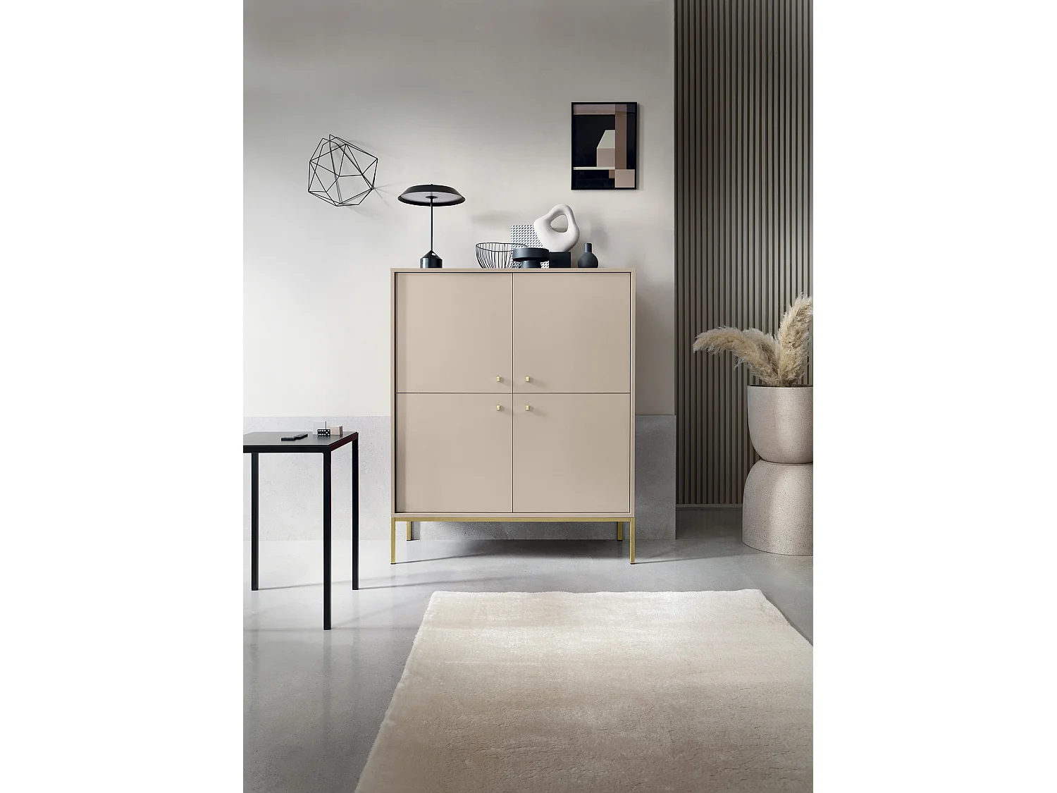 Buffet 4 portes Monti - pieds, commode 125 cm, beige + or