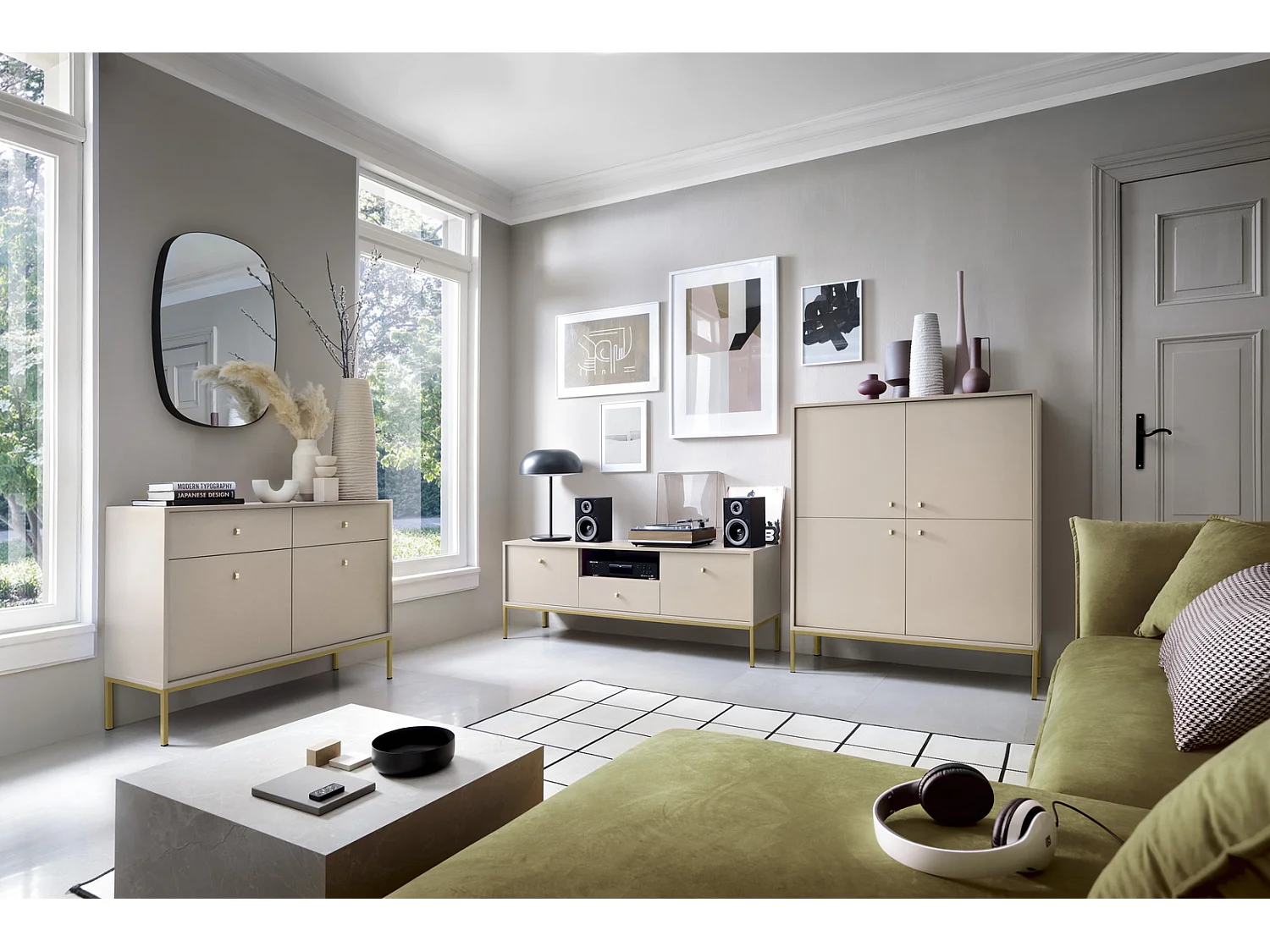 Buffet 4 portes Monti - pieds, commode 125 cm, beige + or