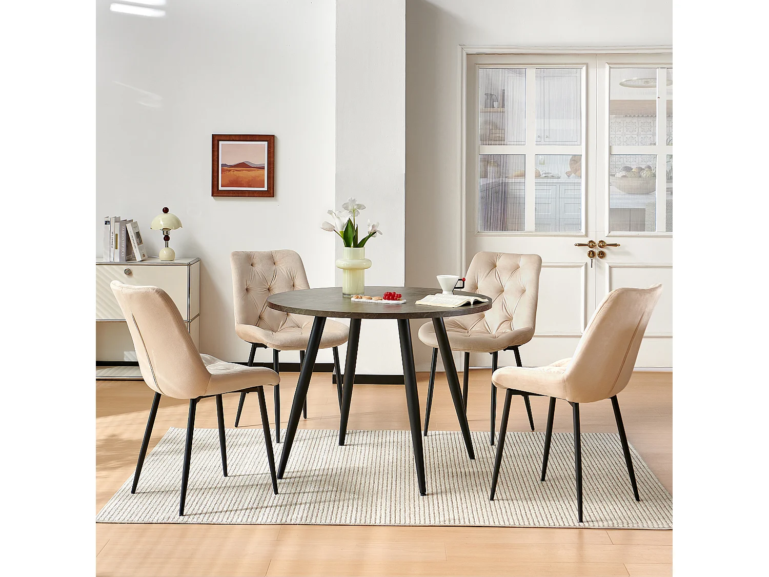 SONARA Grey Marble Round Dining Table and Velvet Chairs Set, Modern 4 Seater for Dining Room