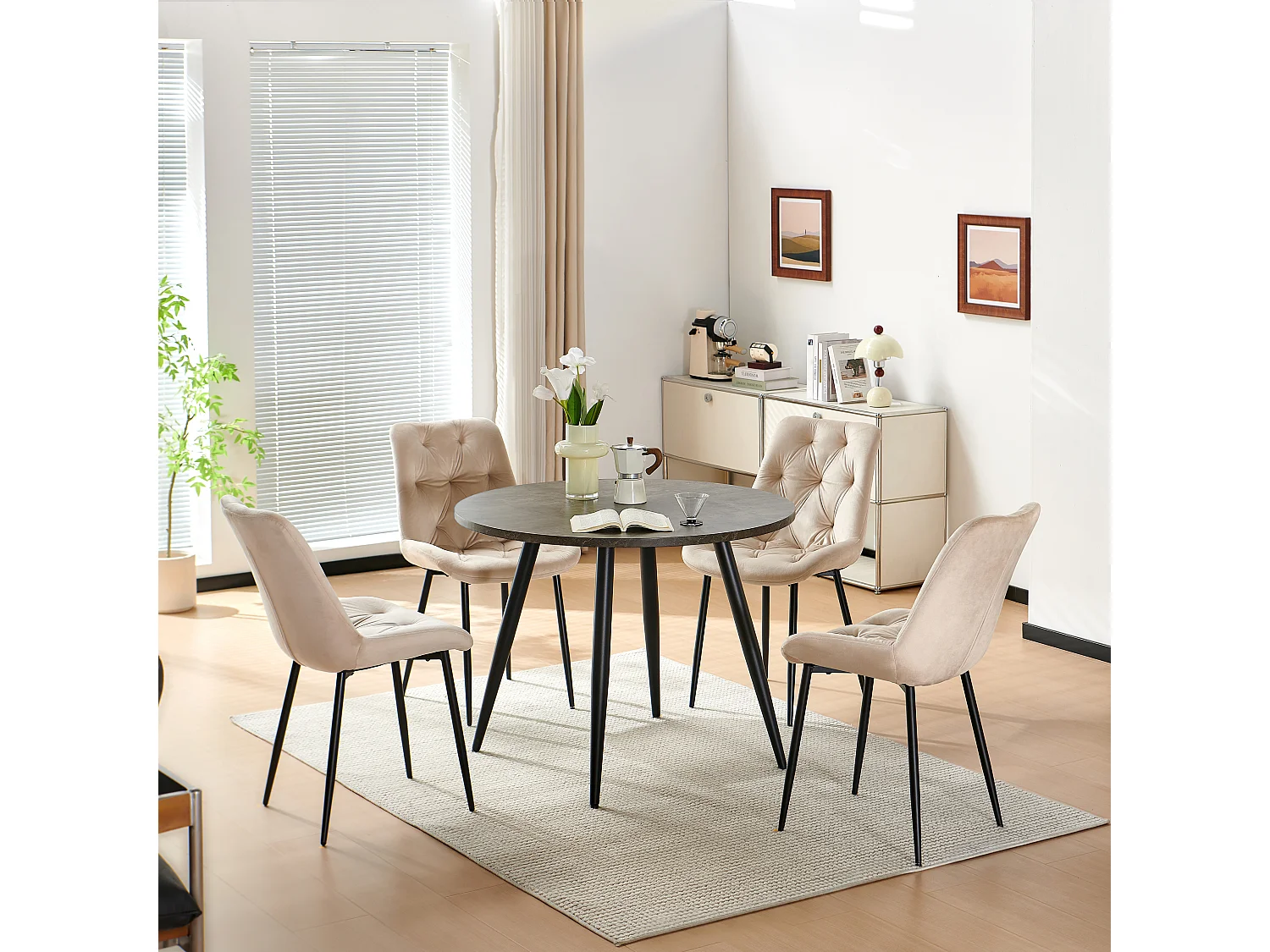 SONARA Grey Marble Round Dining Table and Velvet Chairs Set, Modern 4 Seater for Dining Room
