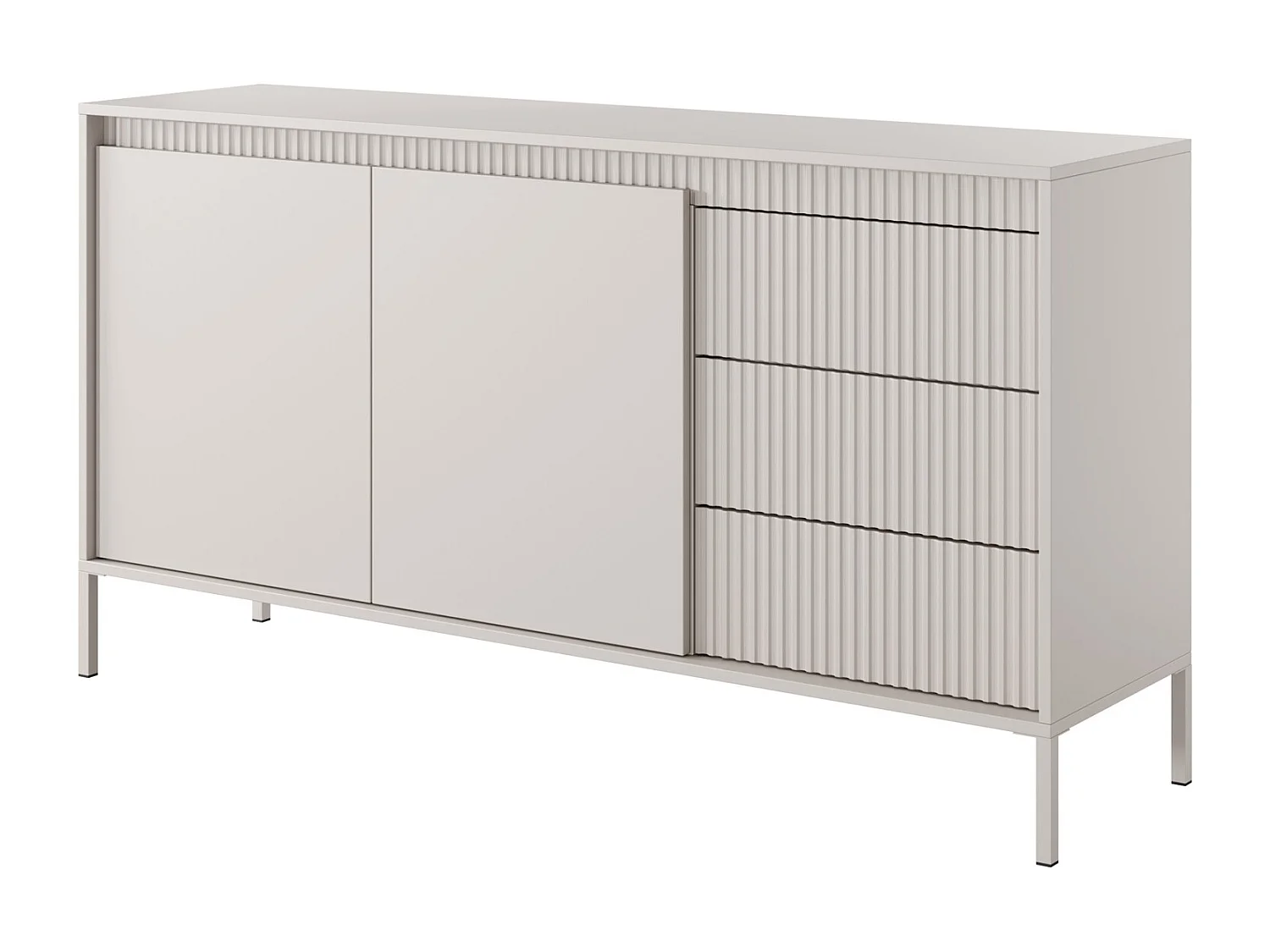 Commode 2 portes Santori - commode beige 155 cm sur pieds, 3 tiroirs
