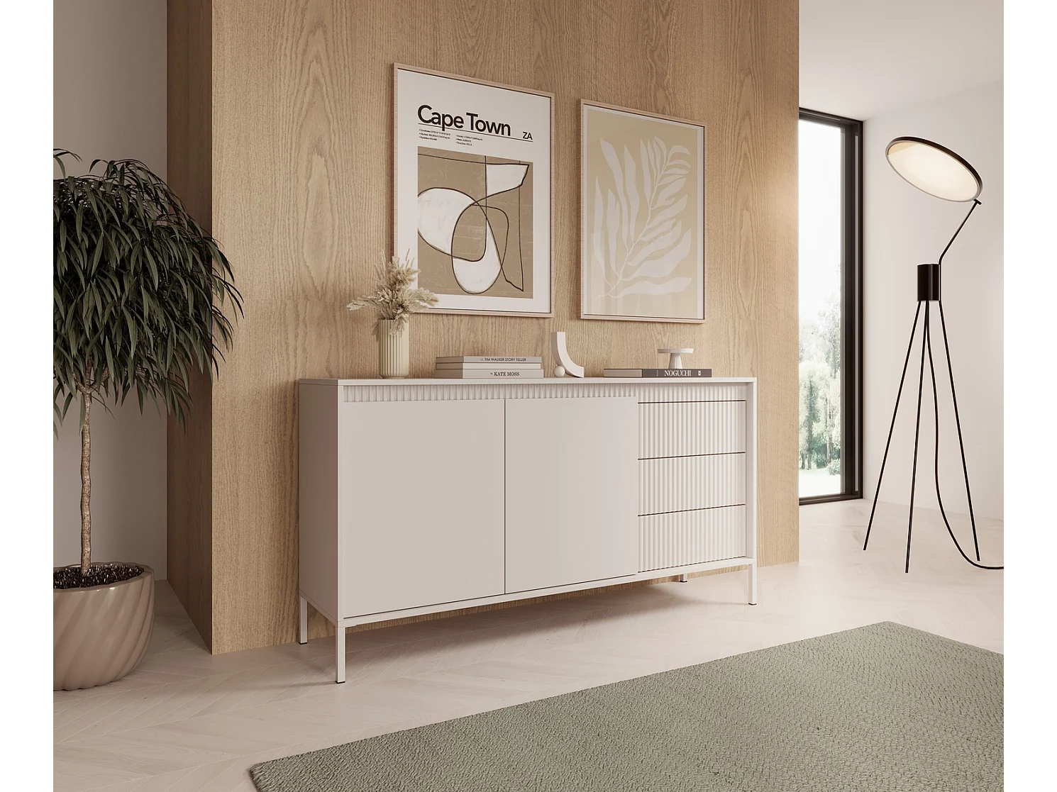 Commode 2 portes Santori - commode beige 155 cm sur pieds, 3 tiroirs