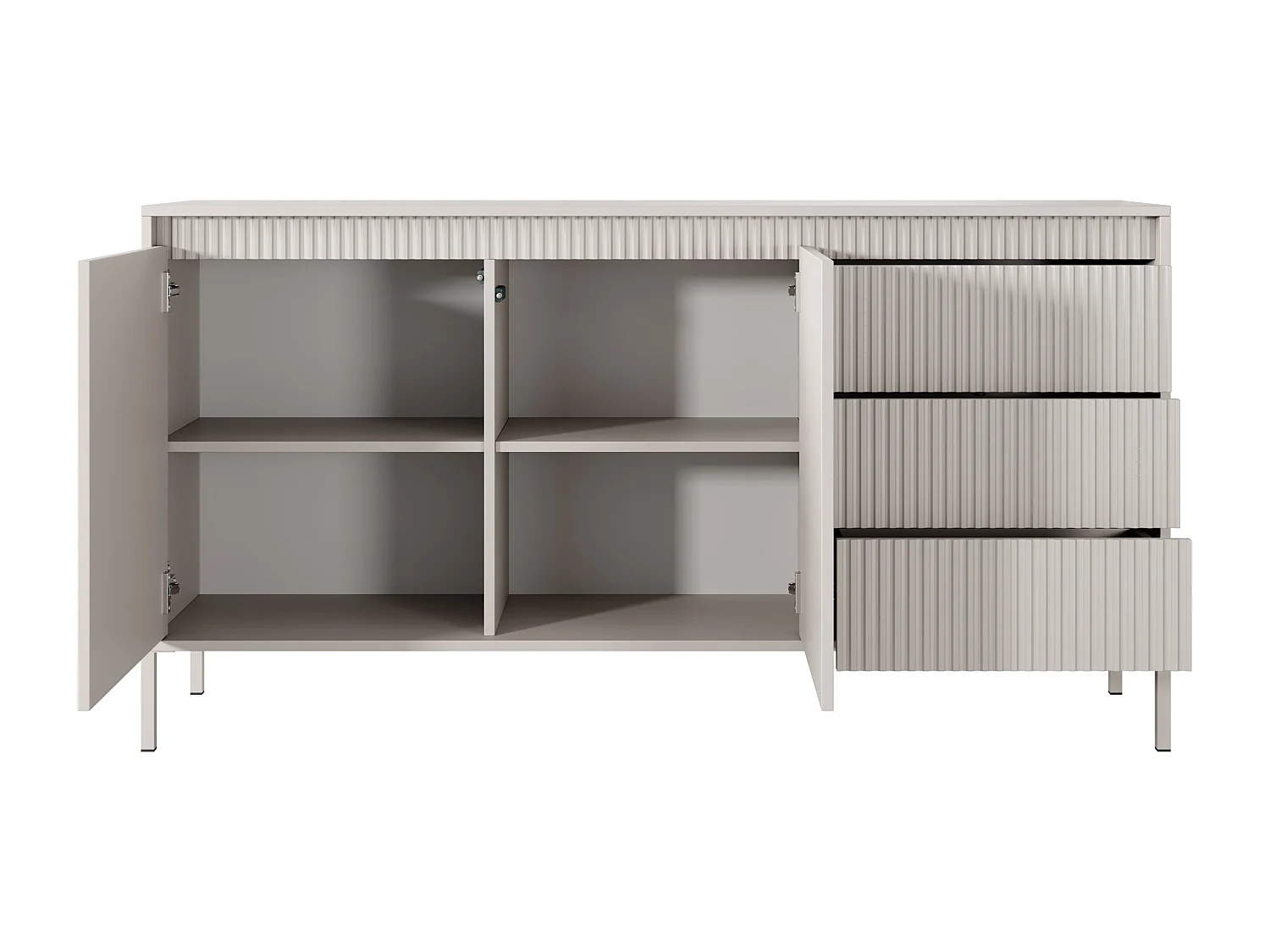 Commode 2 portes Santori - commode beige 155 cm sur pieds, 3 tiroirs