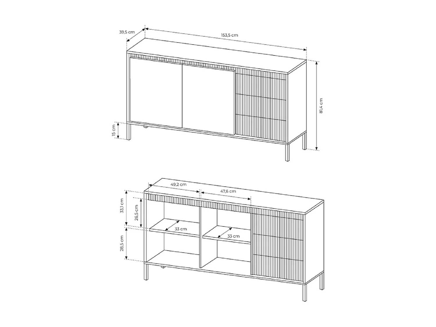 Commode 2 portes Santori - commode beige 155 cm sur pieds, 3 tiroirs