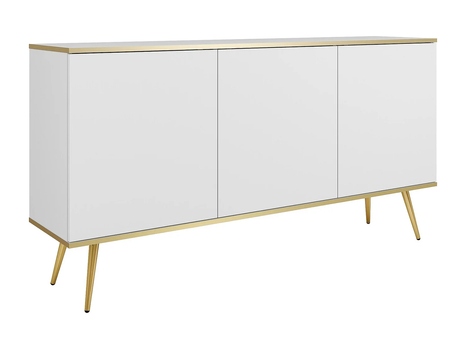 Commode trois portes Rodi 160 cm, pour le salon sur pieds - blanc + or