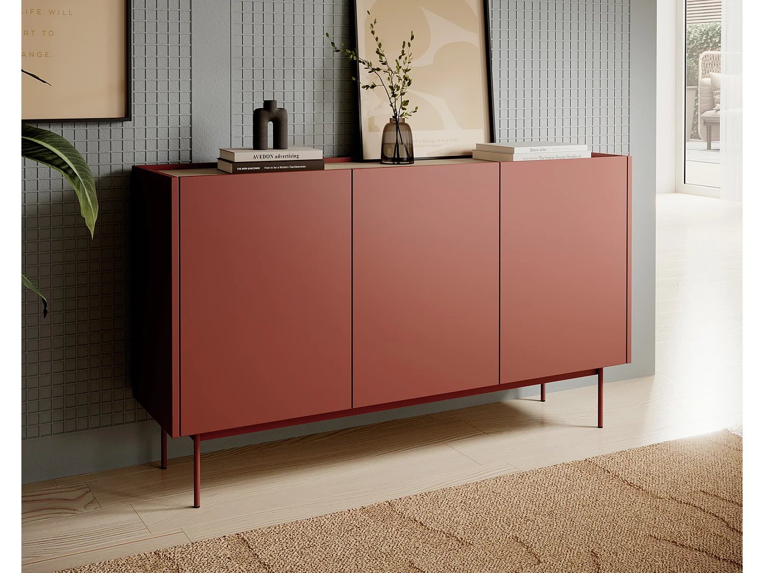 Commode 3 portes Laris sur pieds - buffet 145 cm, moderne, rouge
