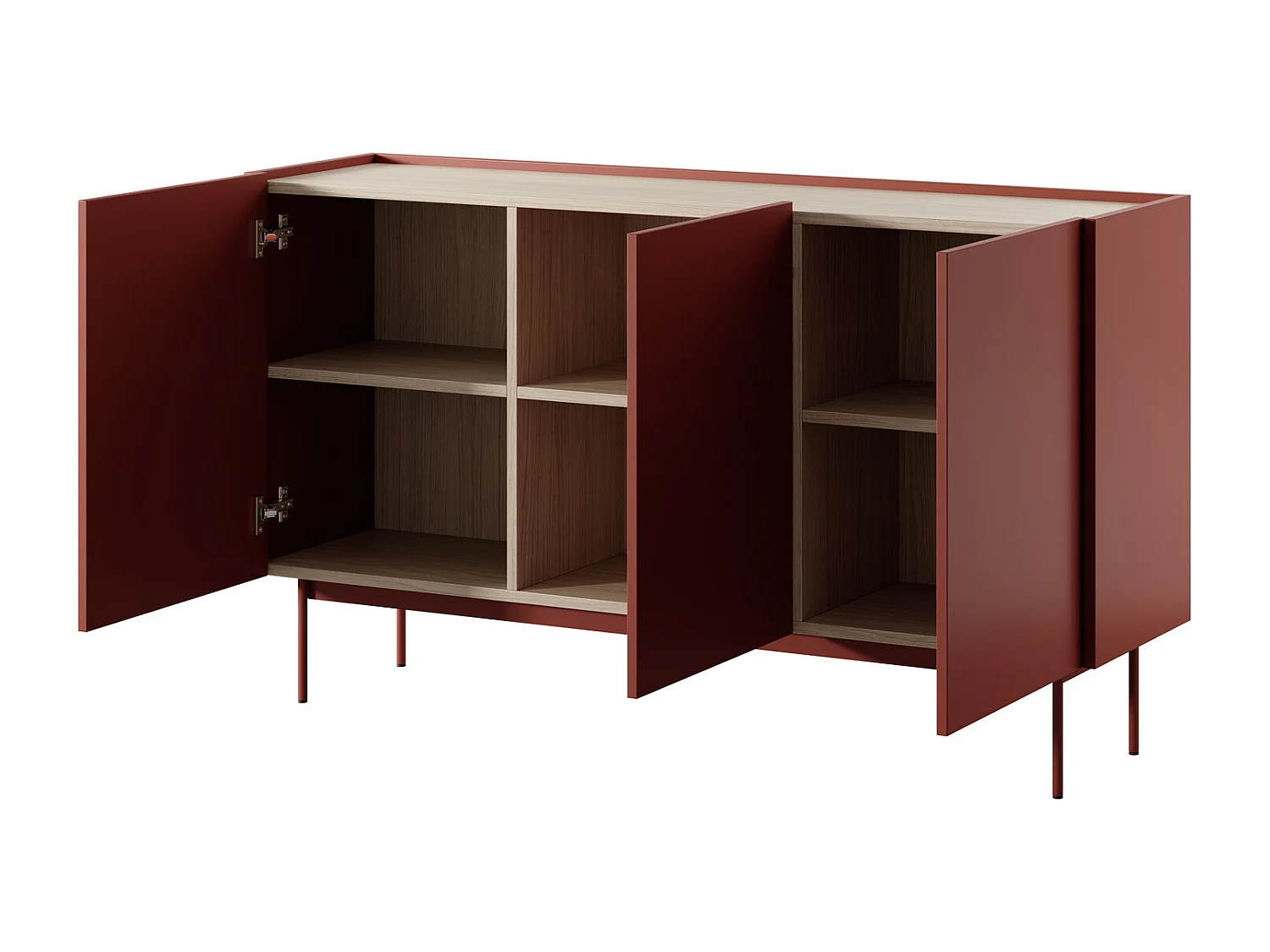 Commode 3 portes Laris sur pieds - buffet 145 cm, moderne, rouge