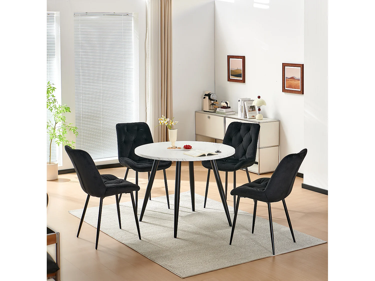 SONARA Modern Round White Marble Dining Table with Velvet Chairs, 4 Seater Set