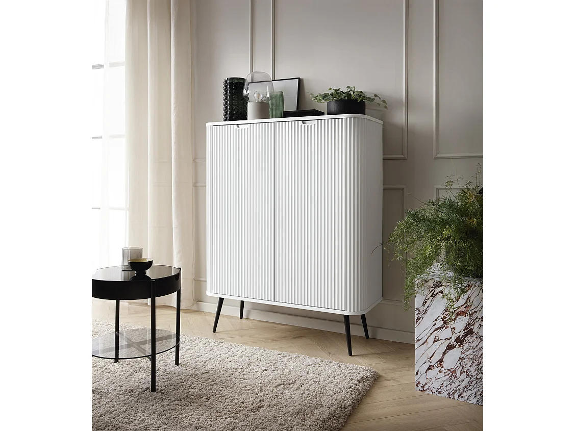 Buffet 100 cm Gerly - commode avec façades rainurées, 2 portes, blanc + or