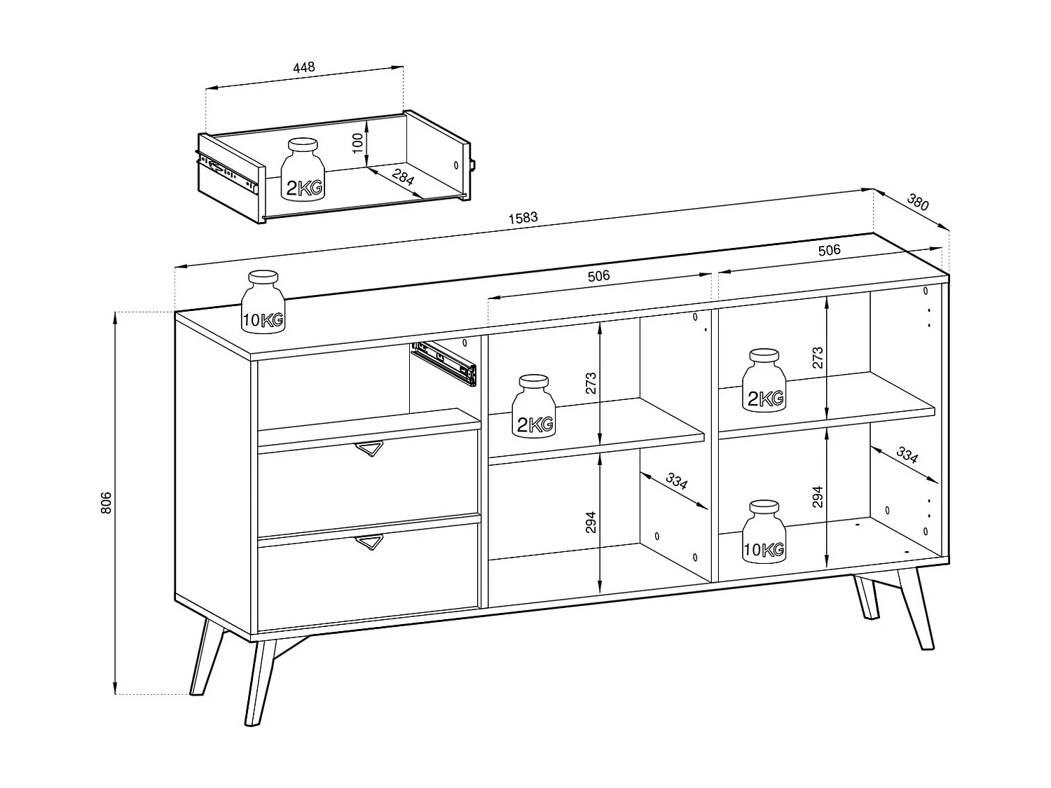 Dressoir 150 cm Wood - Commode met 3 lades, modern, boho-stijl, Beige