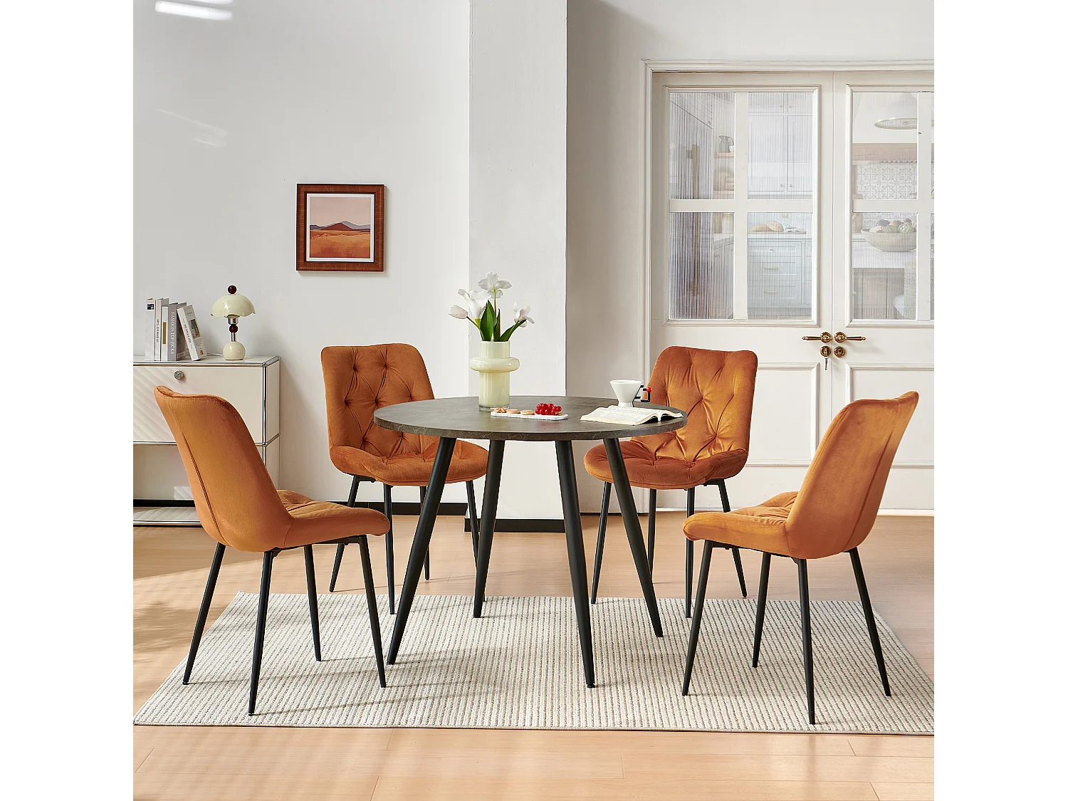 SONARA Grey Marble Round Dining Table and Velvet Chairs Set, Modern 4 Seater for Dining Room