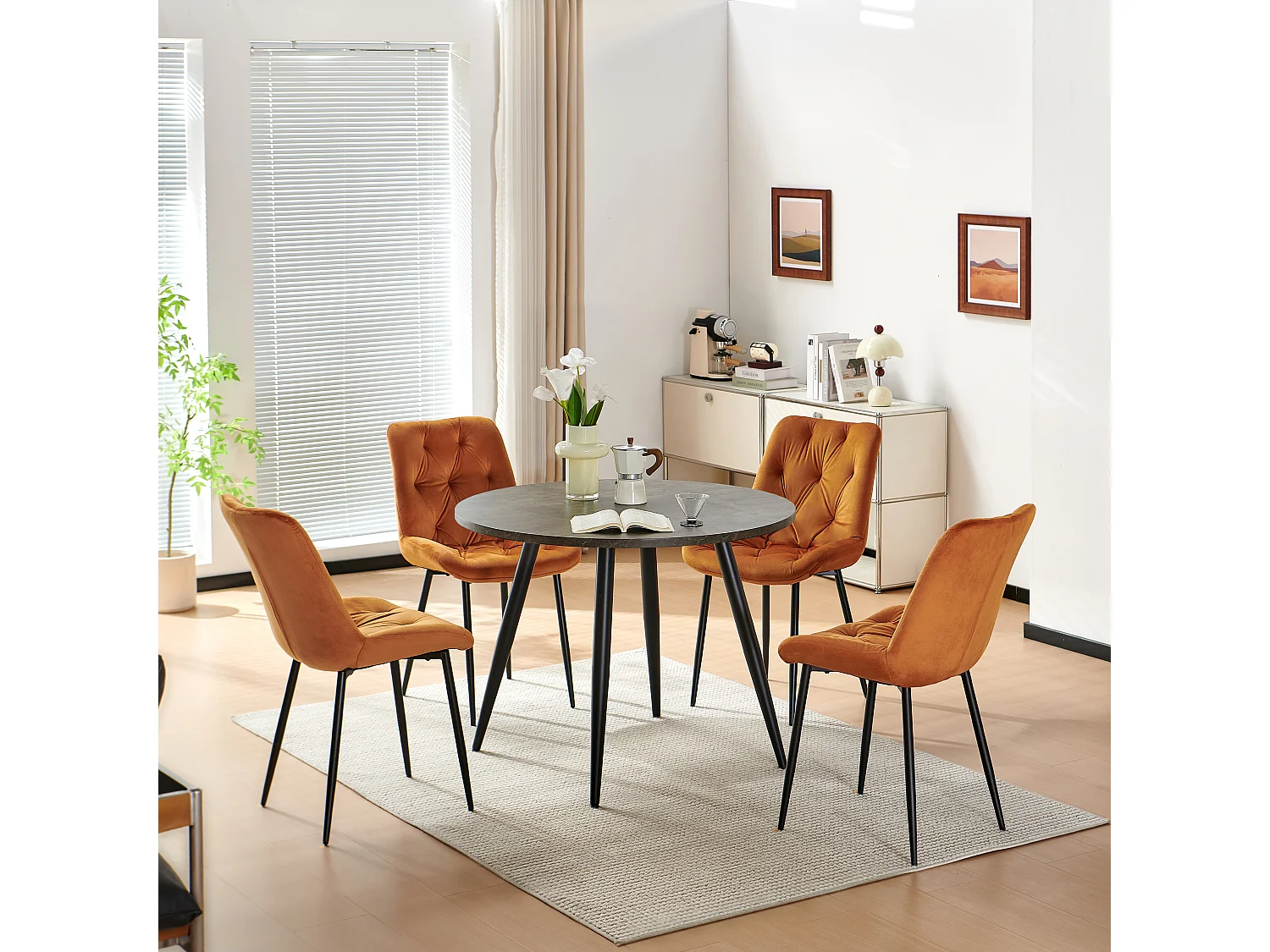 SONARA Grey Marble Round Dining Table and Velvet Chairs Set, Modern 4 Seater for Dining Room