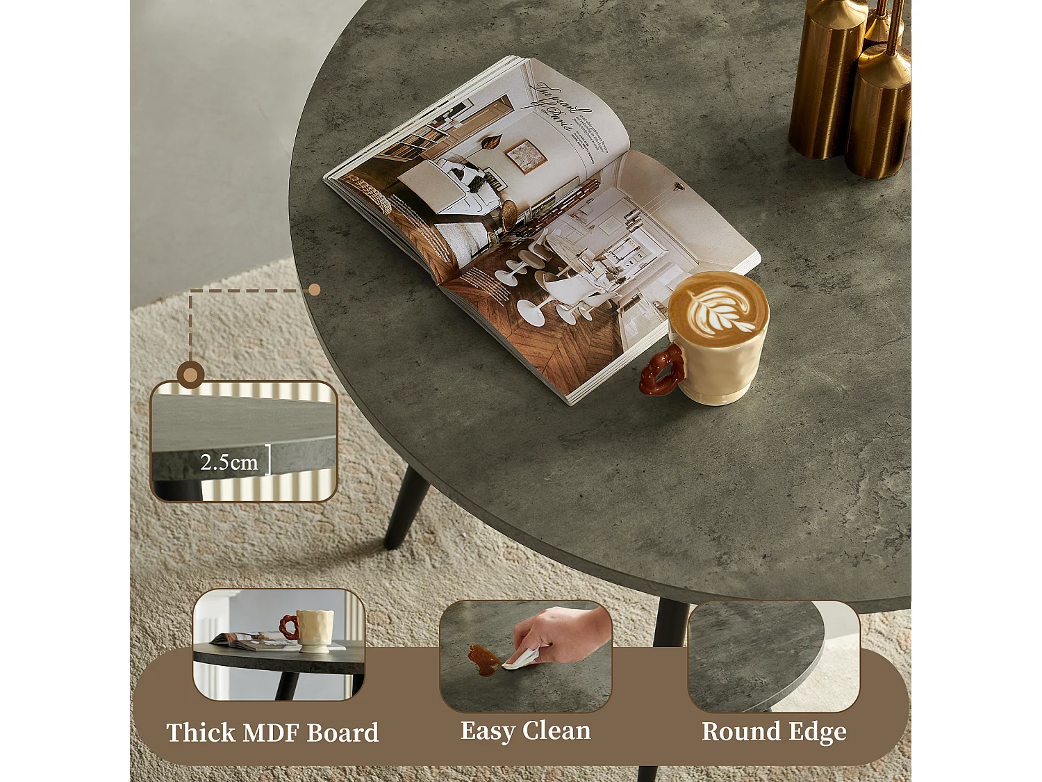 SONARA Grey Marble Round Dining Table and Velvet Chairs Set, Modern 4 Seater for Dining Room