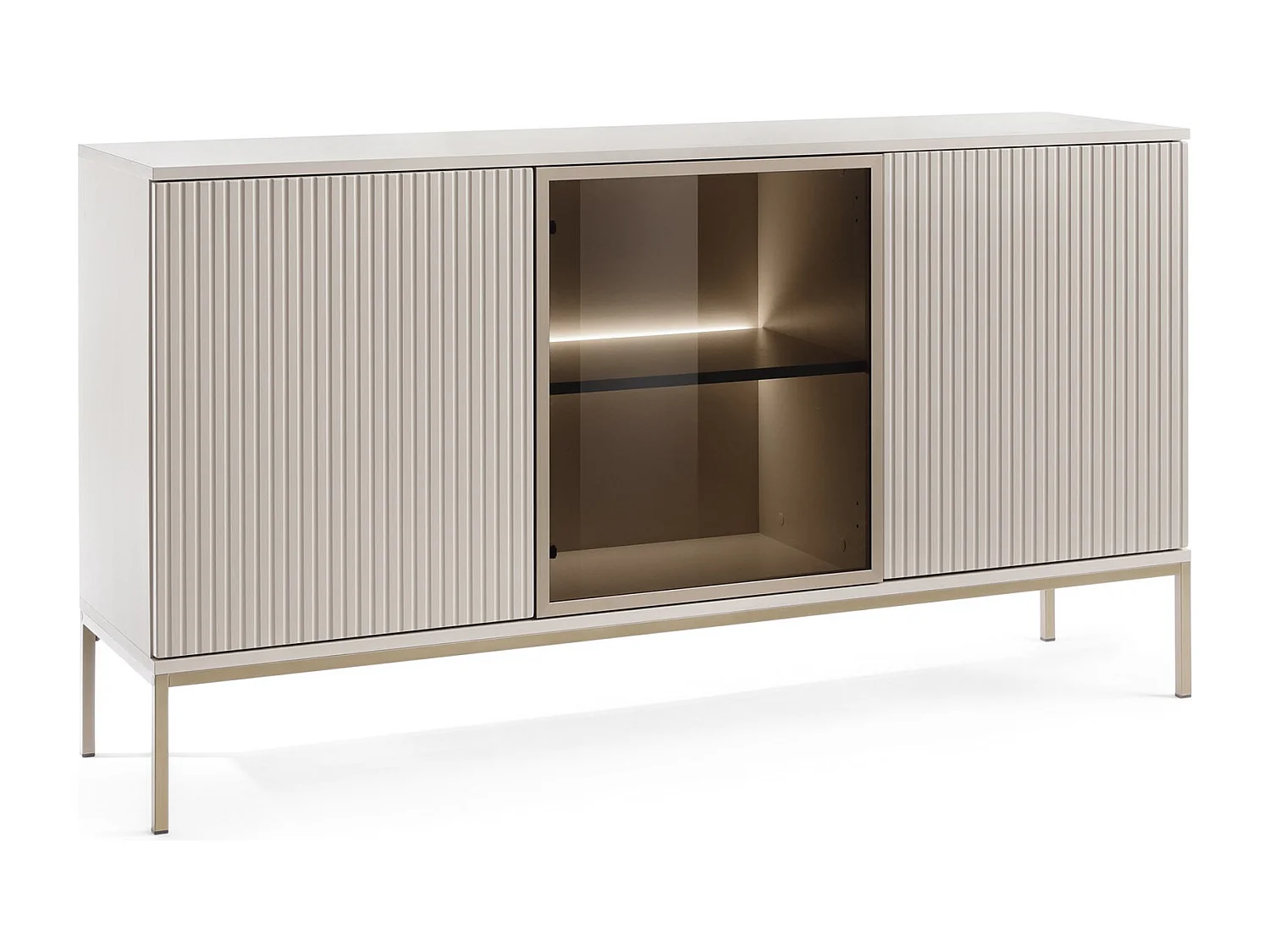 Commode 150 cm Haller - Commode avec éclairage LED, Lamelles - Commode 3 Portes, Loft, Industriel, Cachemire