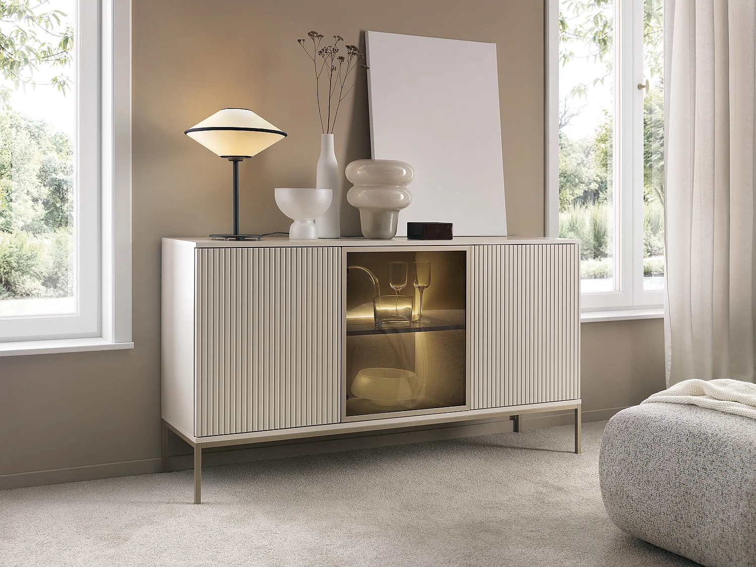 Commode 150 cm Haller - Commode avec éclairage LED, Lamelles - Commode 3 Portes, Loft, Industriel, Cachemire