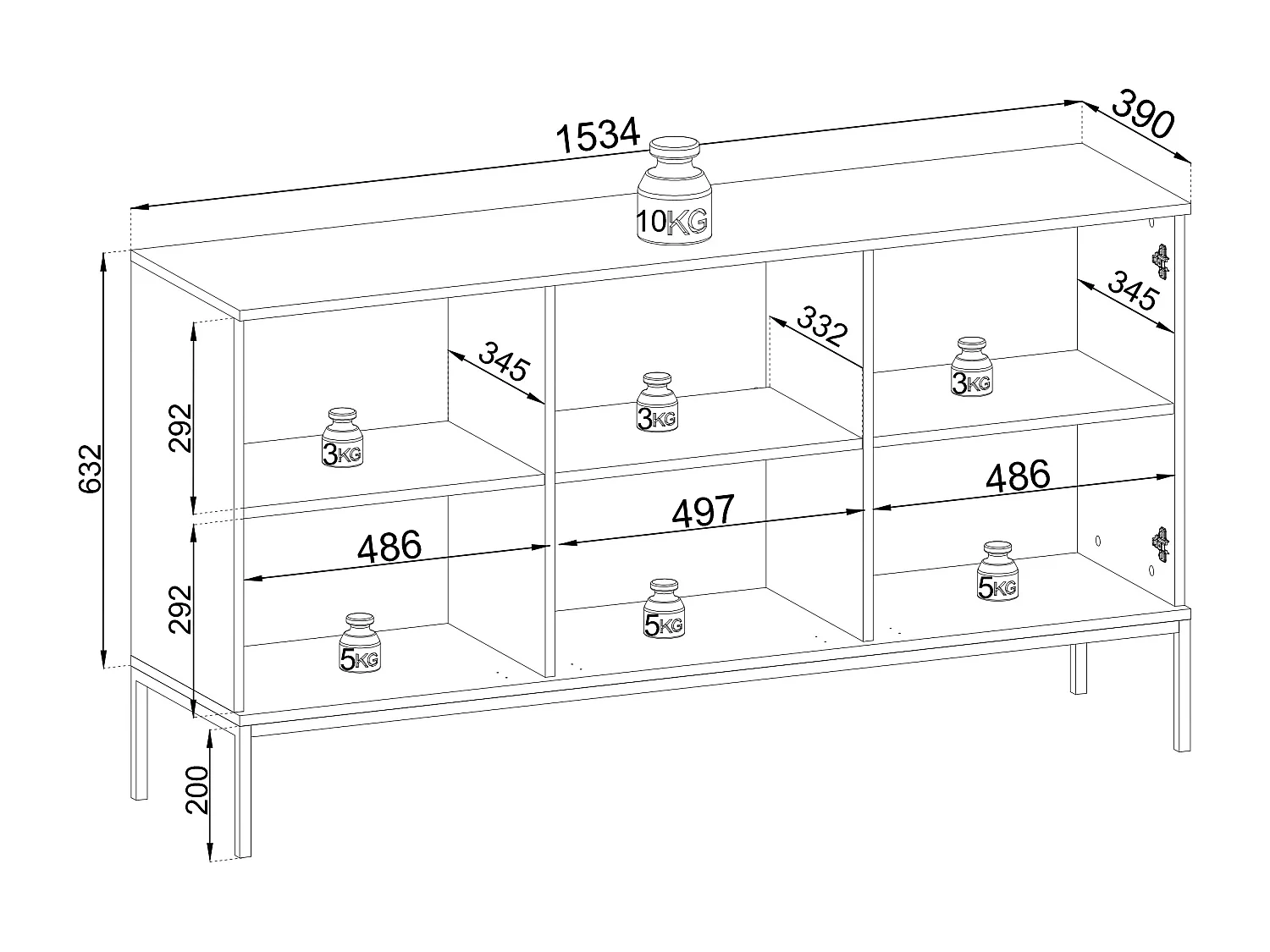 Commode 150 cm Haller - Commode avec éclairage LED, Lamelles - Commode 3 Portes, Loft, Industriel, Cachemire