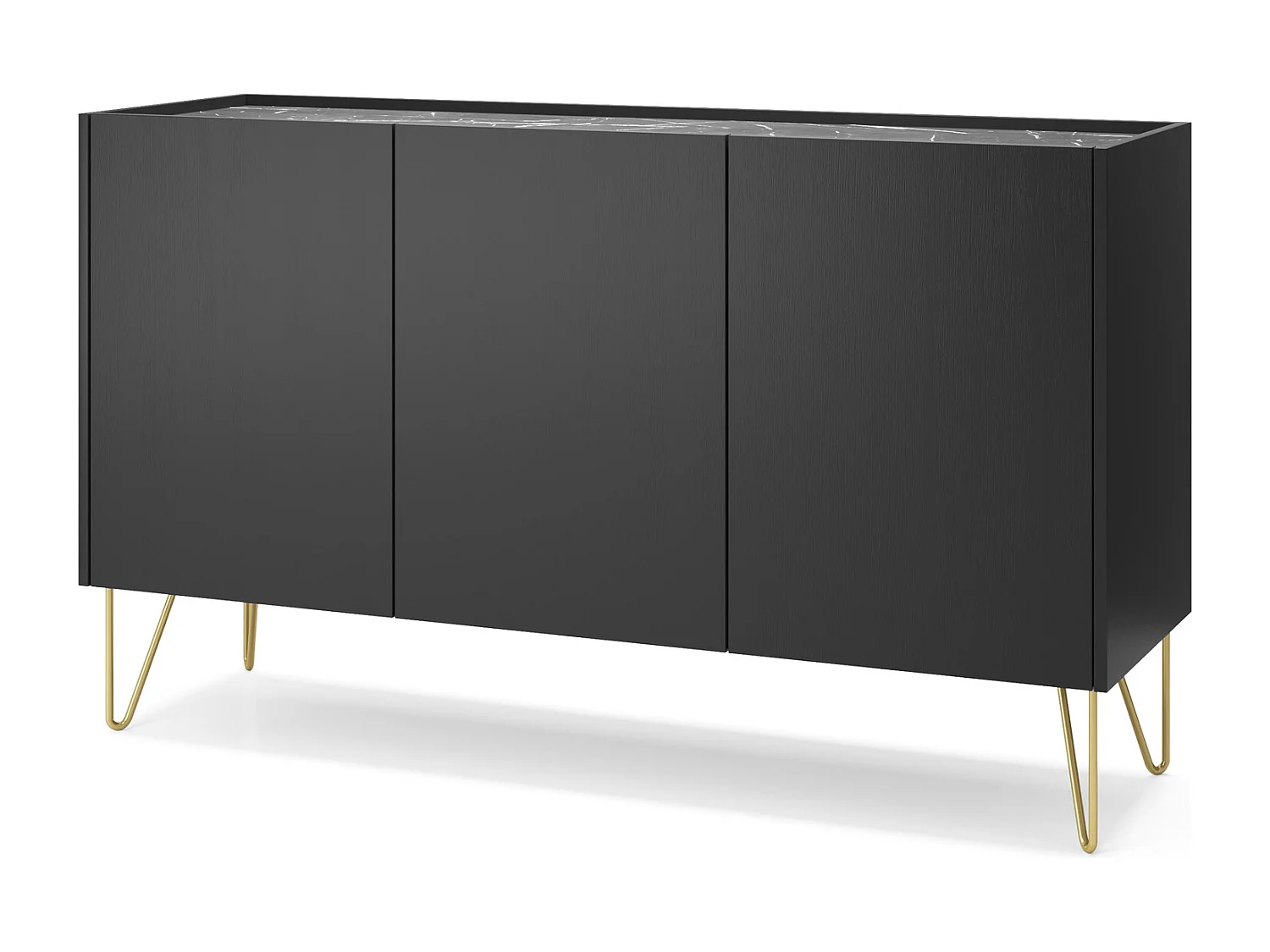 Commode noire 145 cm Olven, effet marbre, pieds dorés - commode 3 portes pour le salon