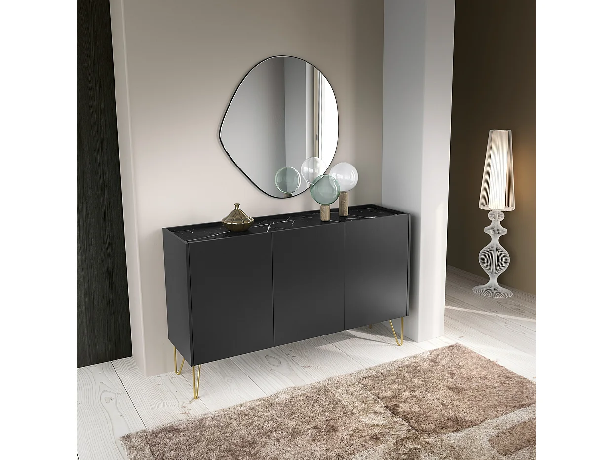 Commode noire 145 cm Olven, effet marbre, pieds dorés - commode 3 portes pour le salon