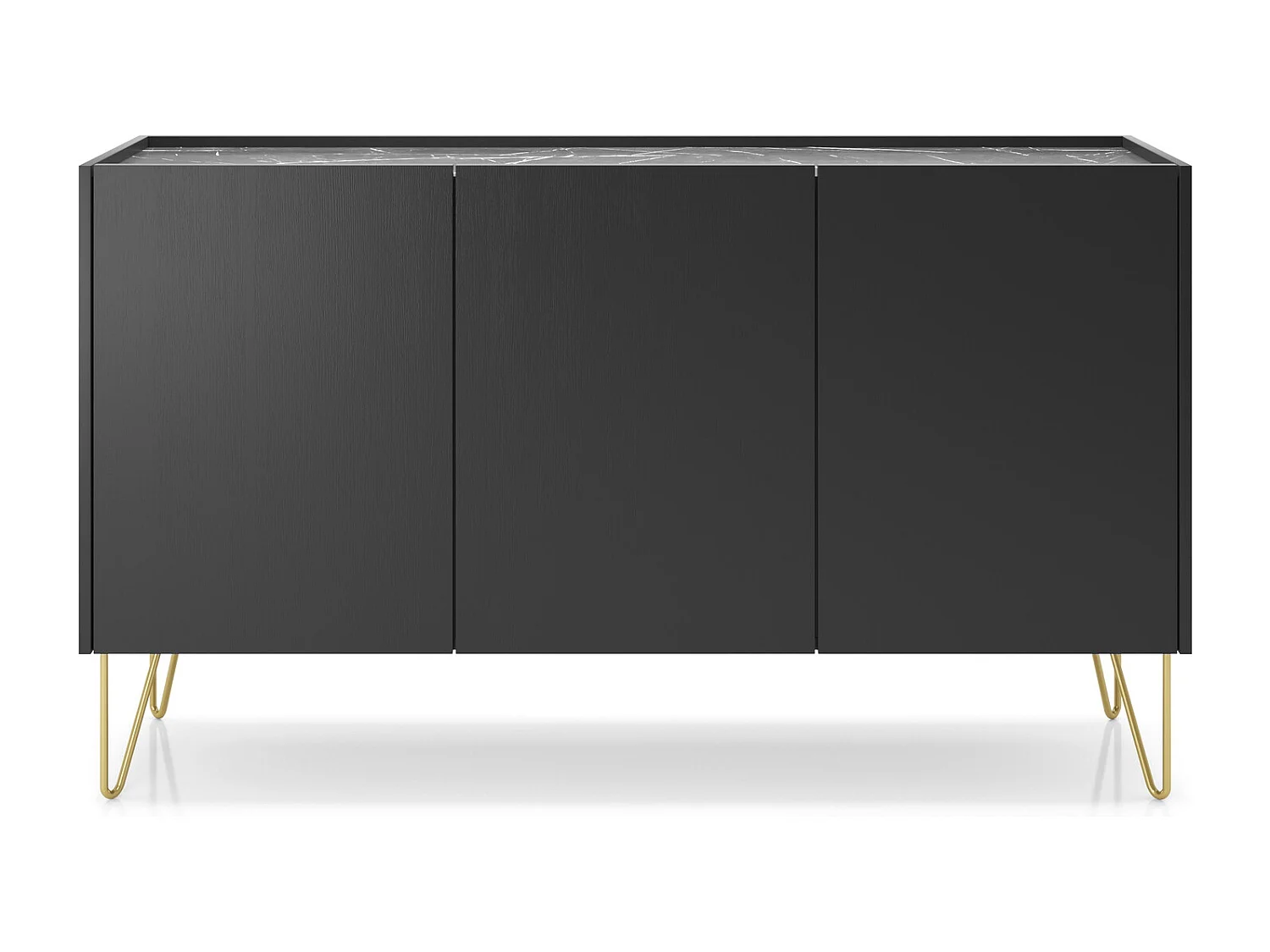 Commode noire 145 cm Olven, effet marbre, pieds dorés - commode 3 portes pour le salon