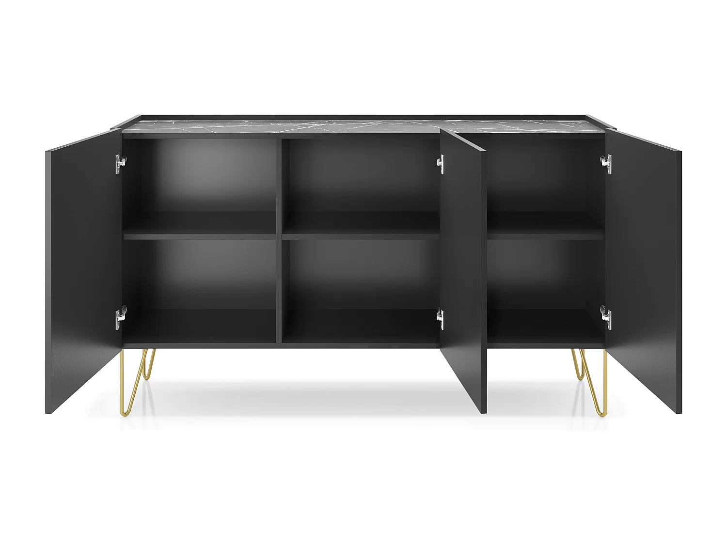 Commode noire 145 cm Olven, effet marbre, pieds dorés - commode 3 portes pour le salon