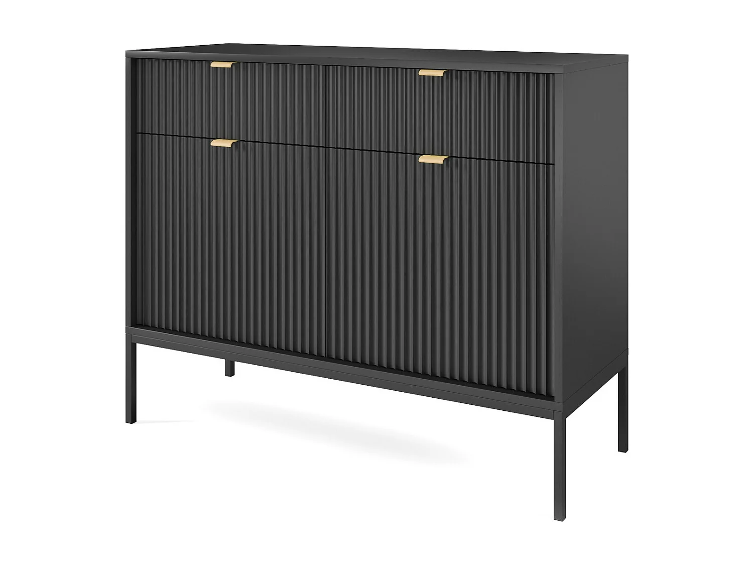 Sideboard op poten Galla - dressoir 100 cm, 2 lades, geribbelde fronten, zwart