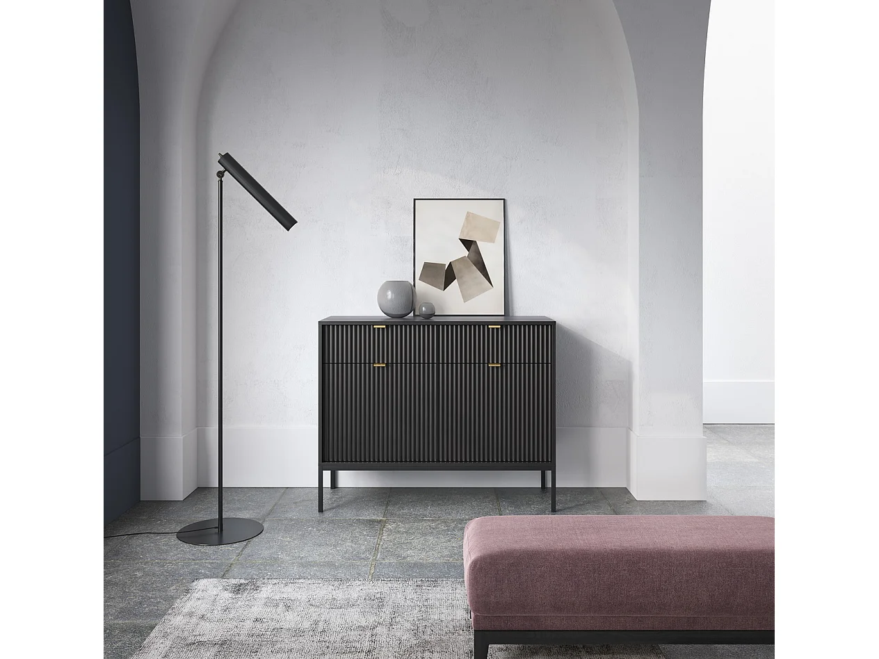 Sideboard op poten Galla - dressoir 100 cm, 2 lades, geribbelde fronten, zwart