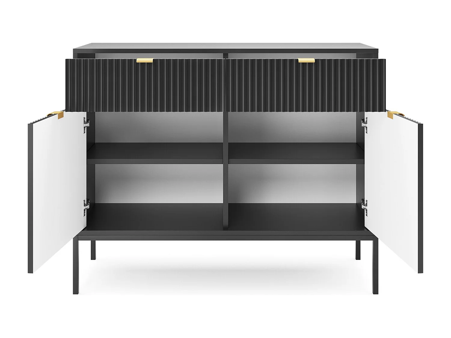 Sideboard op poten Galla - dressoir 100 cm, 2 lades, geribbelde fronten, zwart