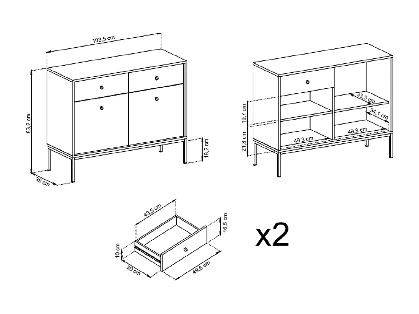 Commode avec tiroirs Monti sur pieds - 2 portes, 100 cm, beige + or