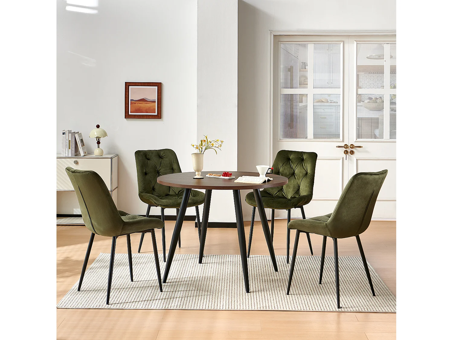 SONARA Modern Round Dark Walnut Dining Table with Velvet Chairs, 4 Seater Set