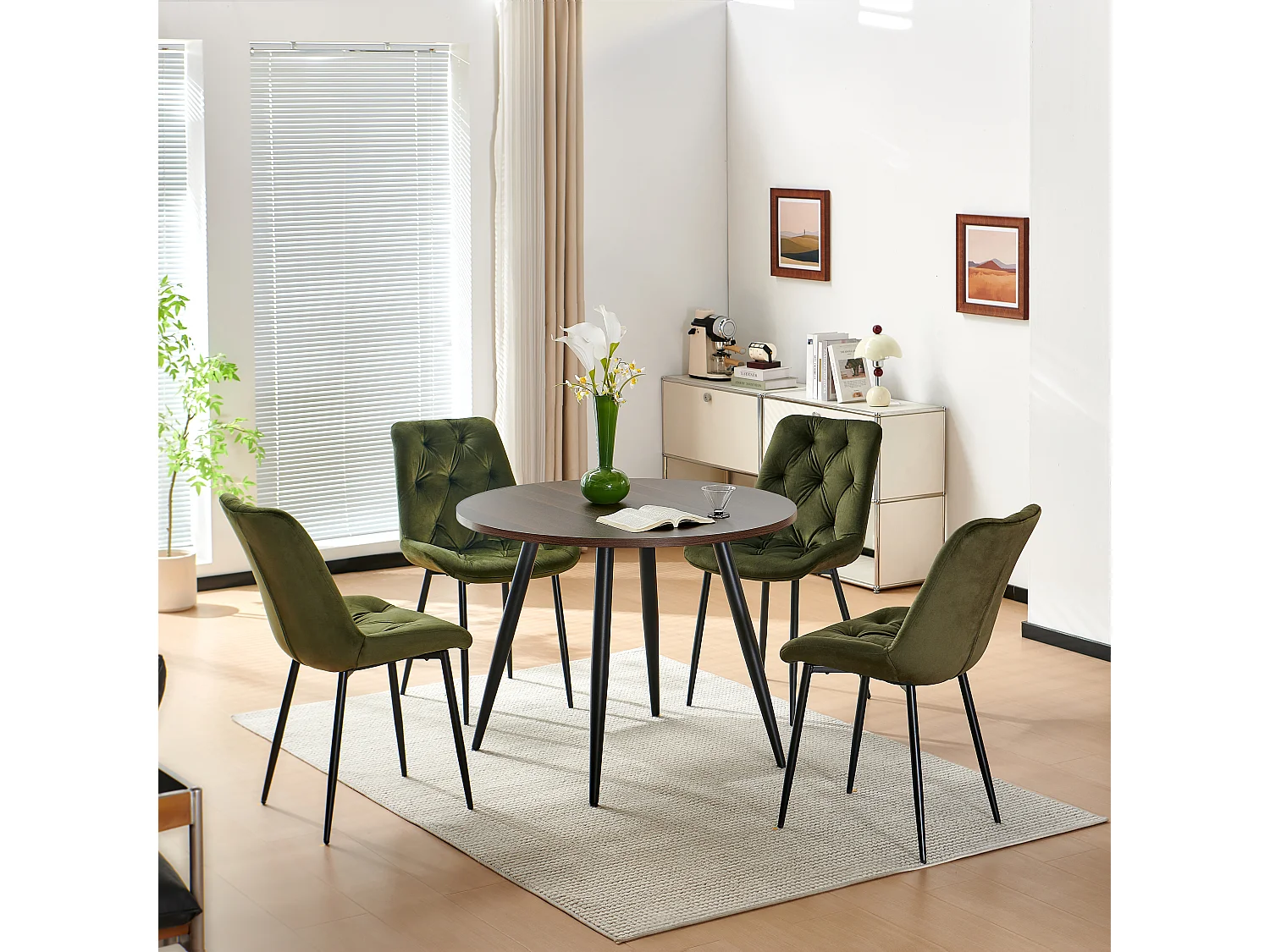 SONARA Modern Round Dark Walnut Dining Table with Velvet Chairs, 4 Seater Set