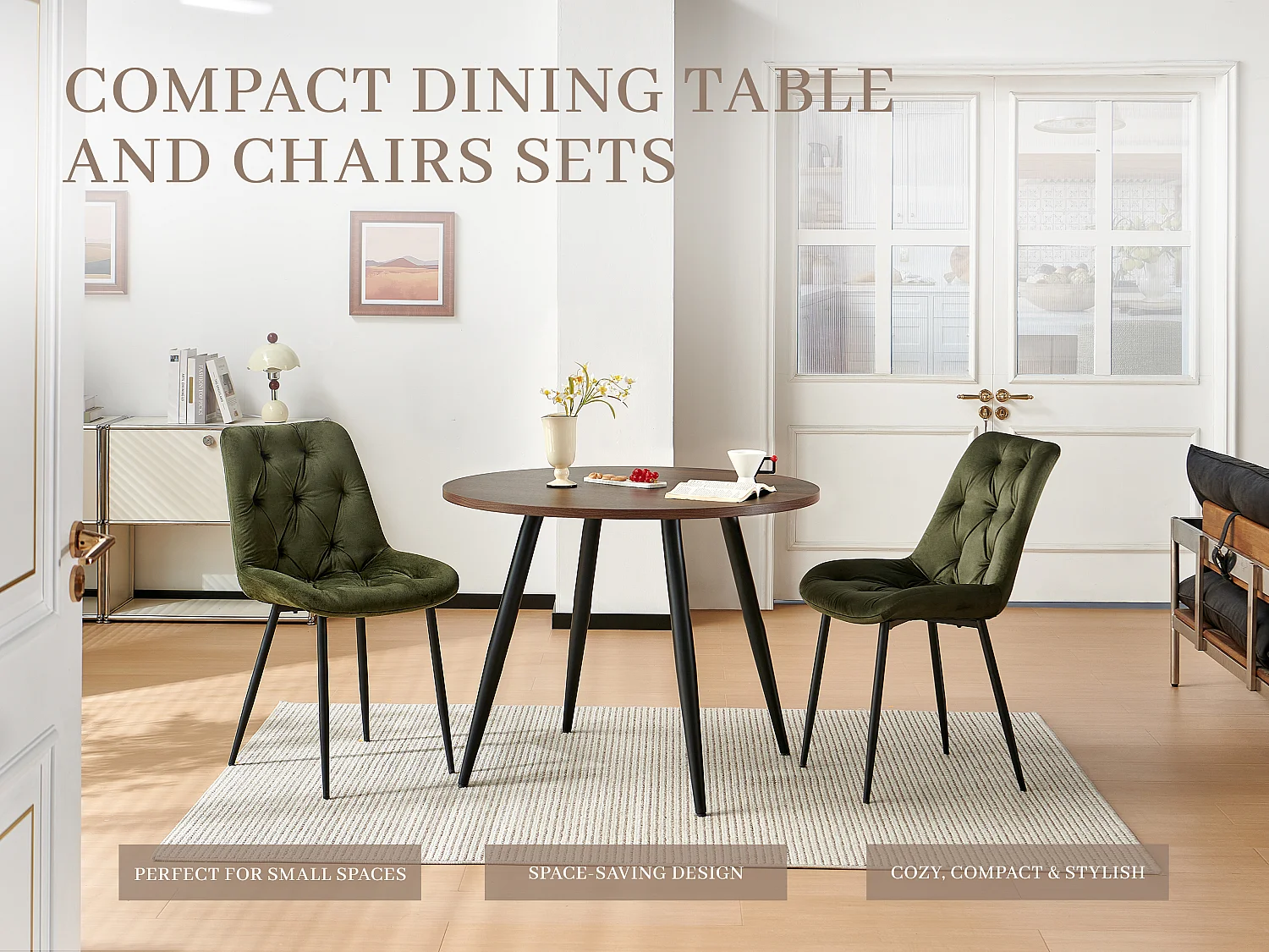 SONARA Modern Round Dark Walnut Dining Table with Velvet Chairs, 4 Seater Set