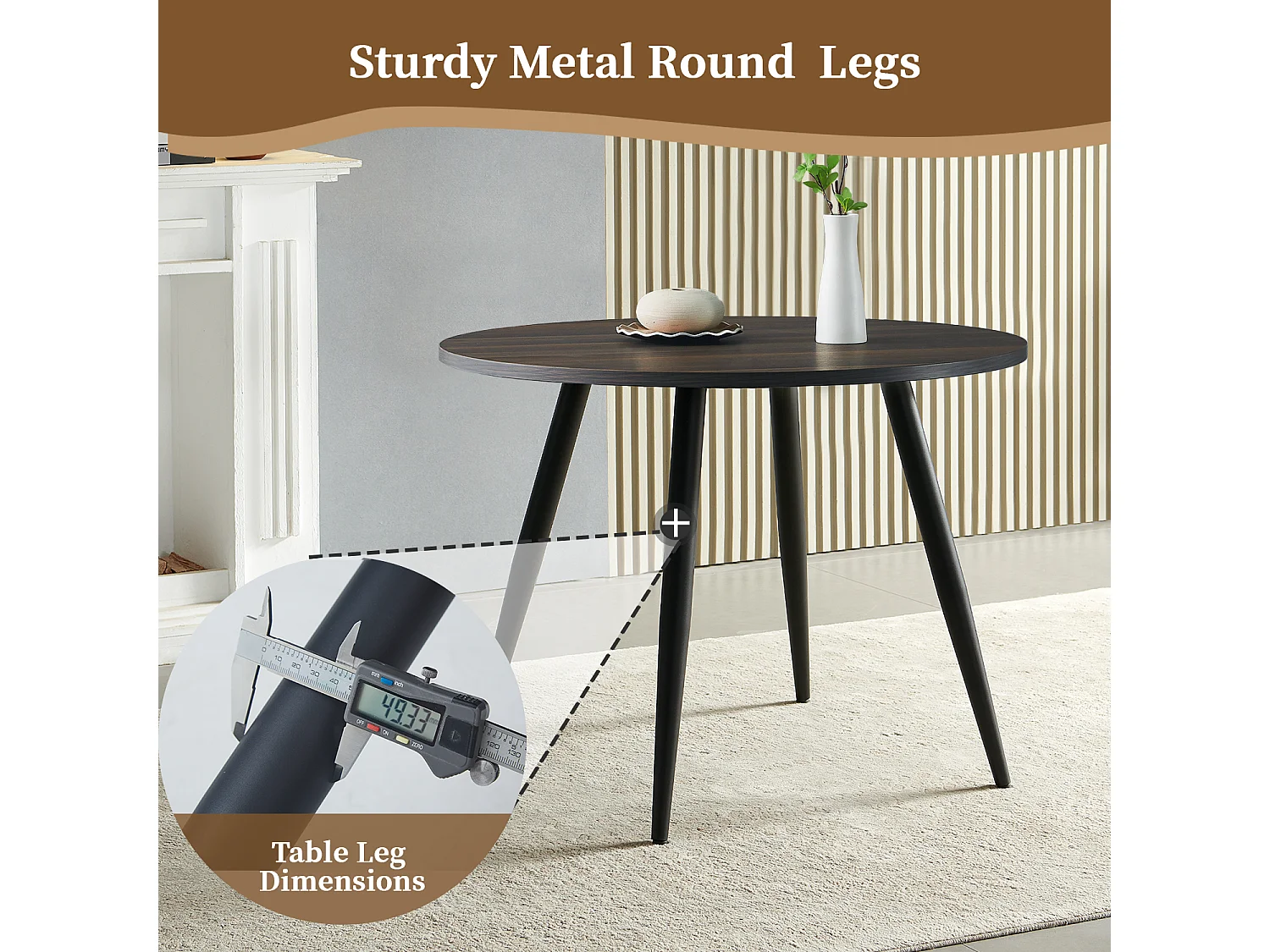 SONARA Modern Round Dark Walnut Dining Table with Velvet Chairs, 4 Seater Set