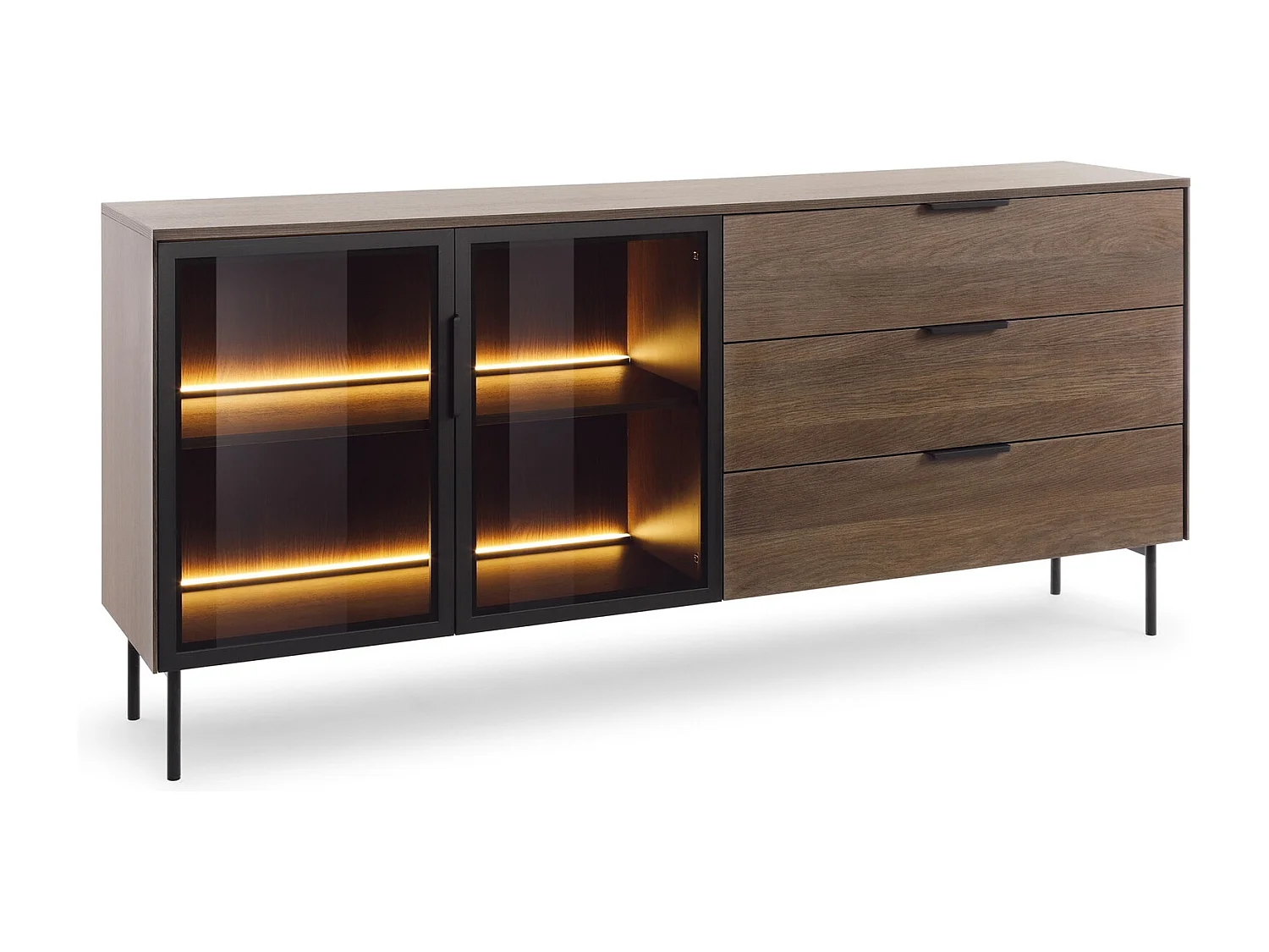 Commode 180 cm Senzia sur pieds - 3 tiroirs, 2 portes en verre, commode avec LED pour le salon - chêne Dunin