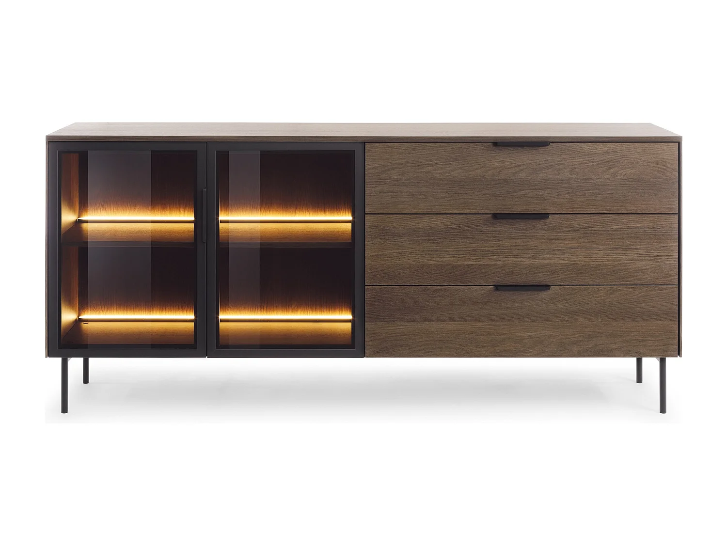 Commode 180 cm Senzia sur pieds - 3 tiroirs, 2 portes en verre, commode avec LED pour le salon - chêne Dunin