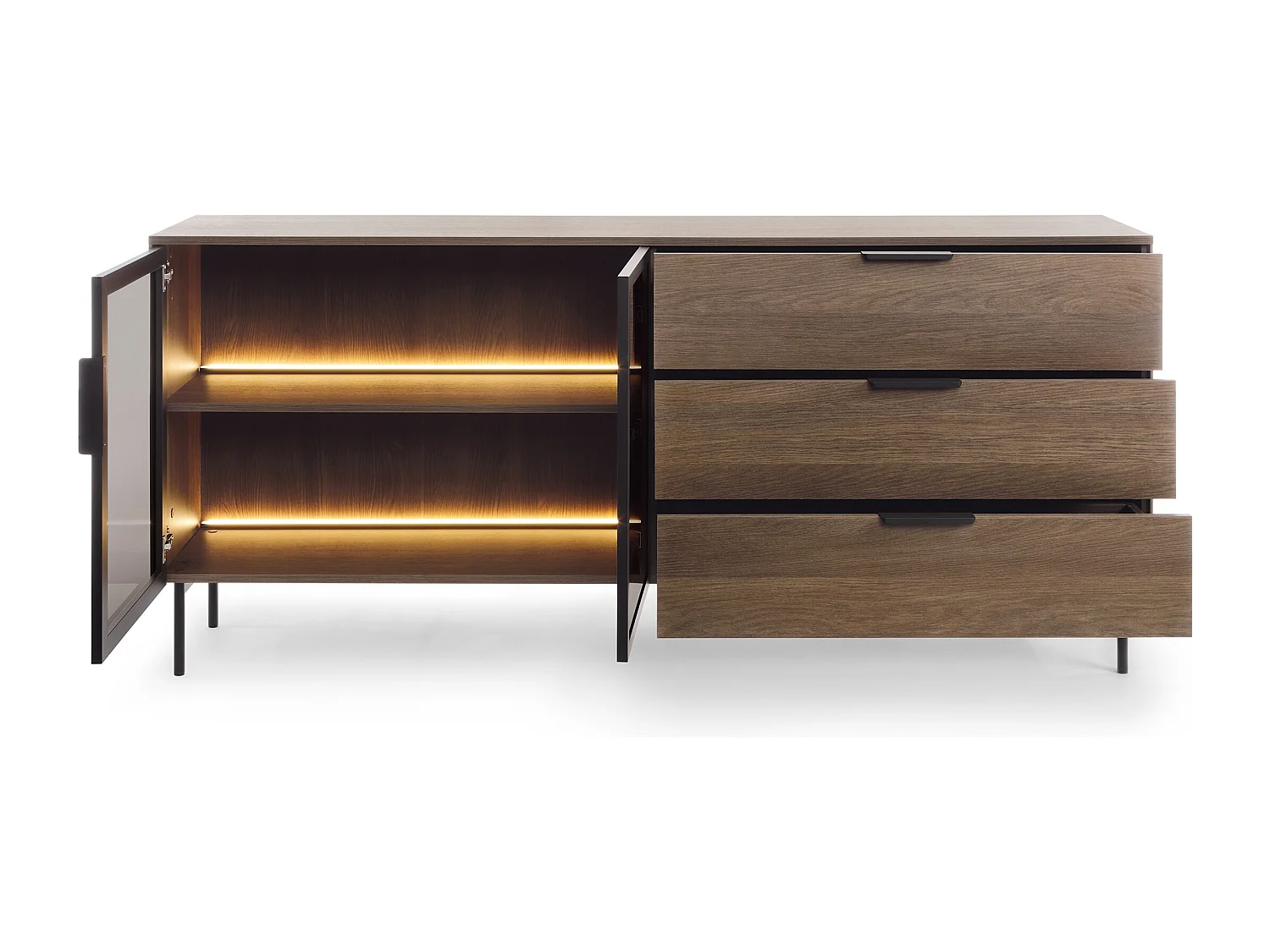 Commode 180 cm Senzia sur pieds - 3 tiroirs, 2 portes en verre, commode avec LED pour le salon - chêne Dunin