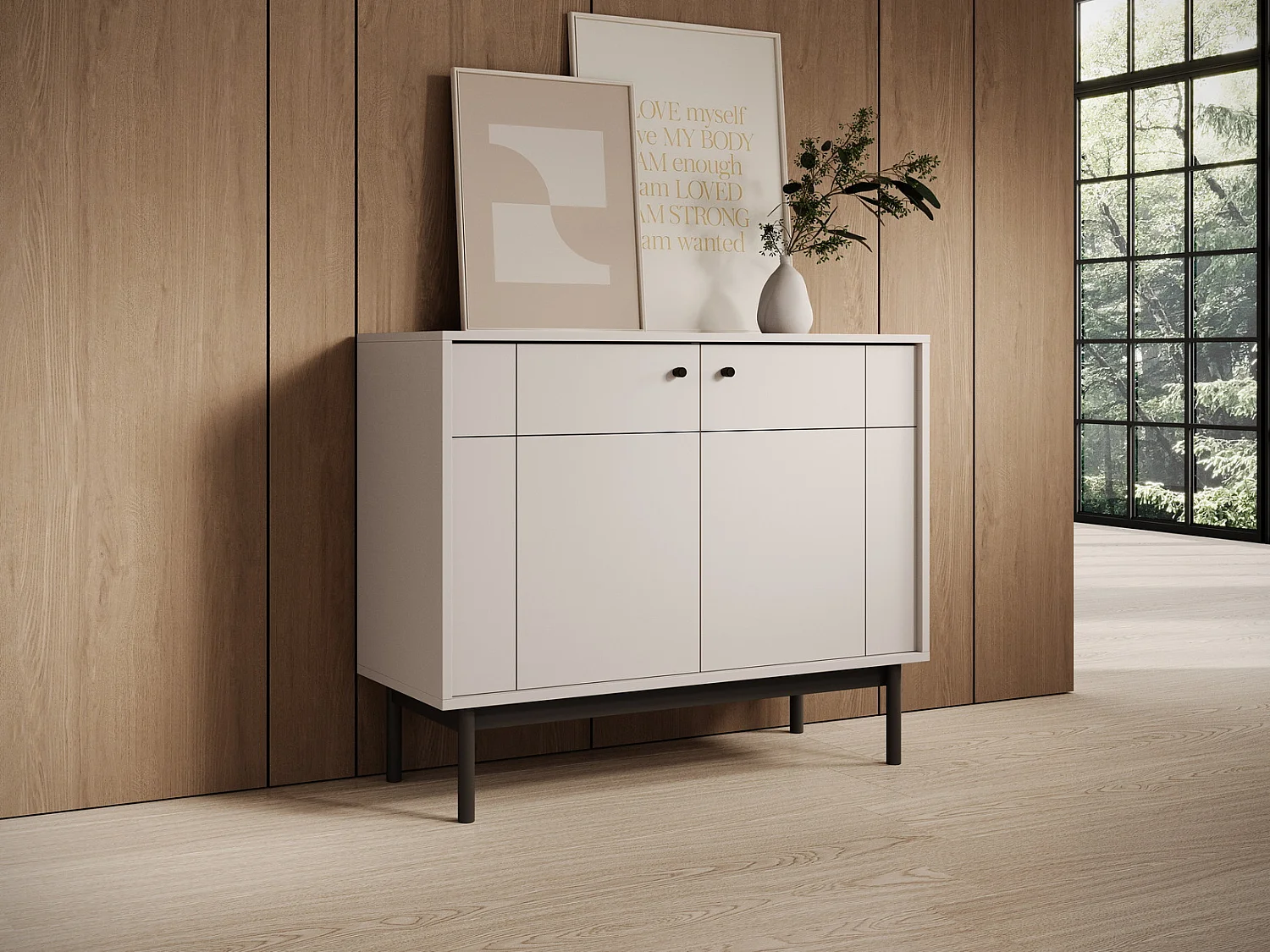 Commode 100 cm voor de woonkamer Lunaris, houten commode op poten, 2-deurs - kasjmier