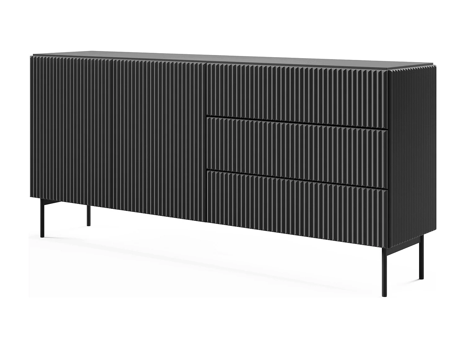 Commode avec tiroirs 177 cm Galiano - 2 portes, pieds hauts, commode rainurée noire