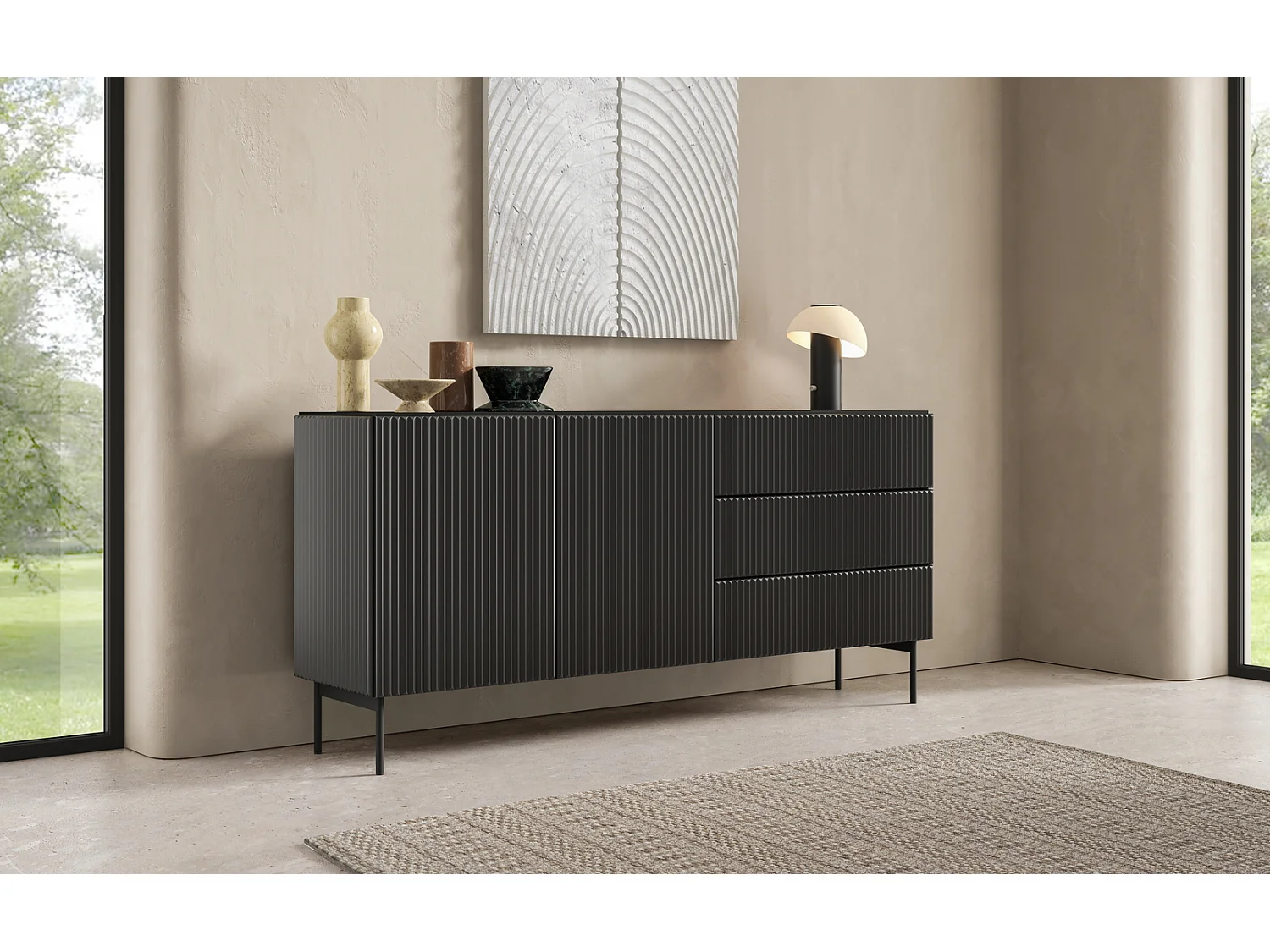 Commode avec tiroirs 177 cm Galiano - 2 portes, pieds hauts, commode rainurée noire