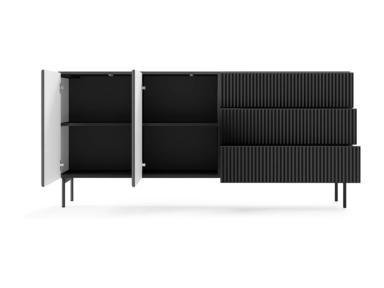 Commode avec tiroirs 177 cm Galiano - 2 portes, pieds hauts, commode rainurée noire