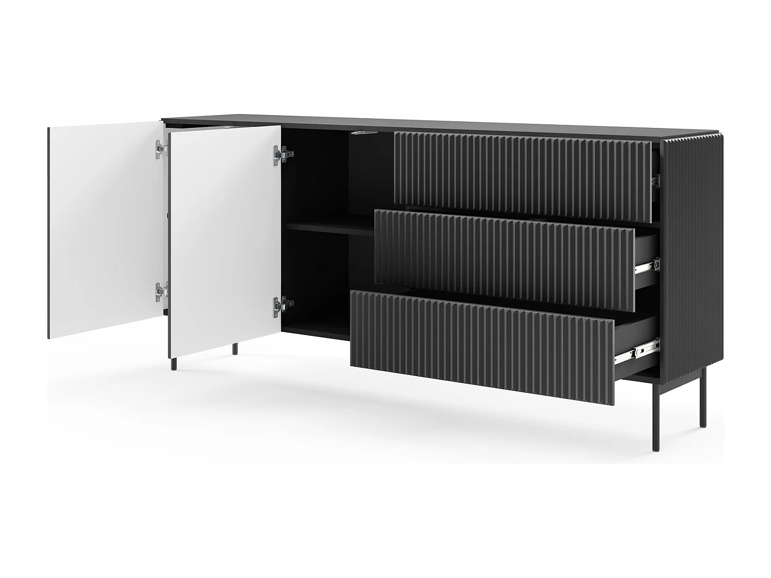 Commode avec tiroirs 177 cm Galiano - 2 portes, pieds hauts, commode rainurée noire