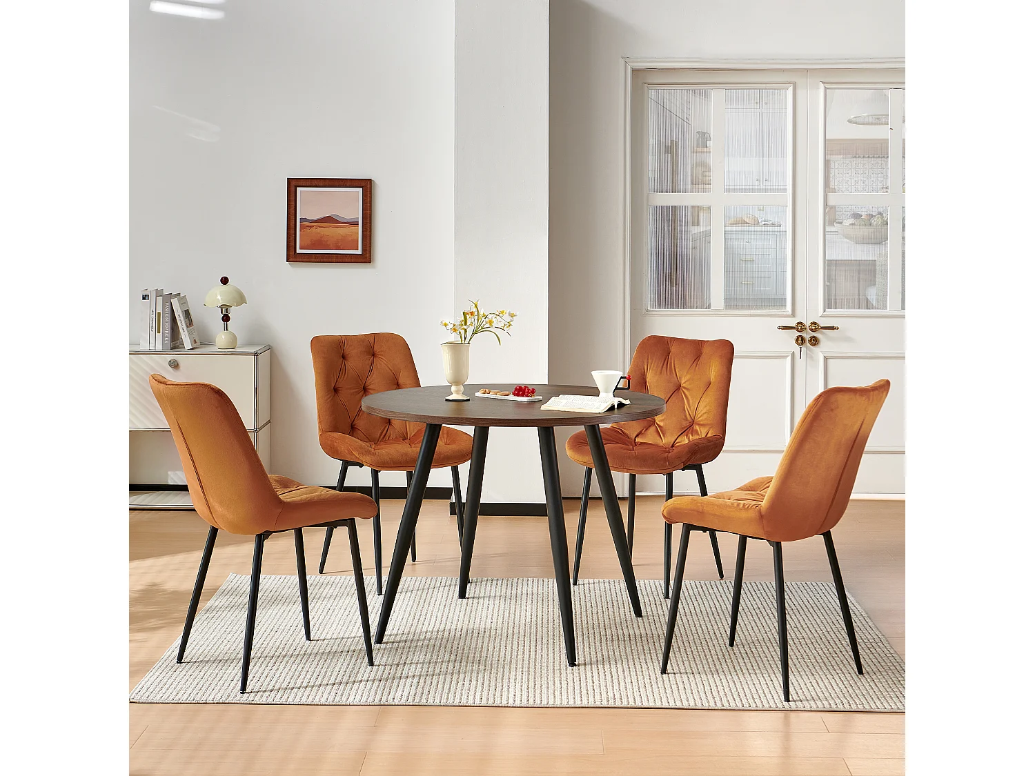 SONARA Modern Round Dark Walnut Dining Table with Velvet Chairs, 4 Seater Set