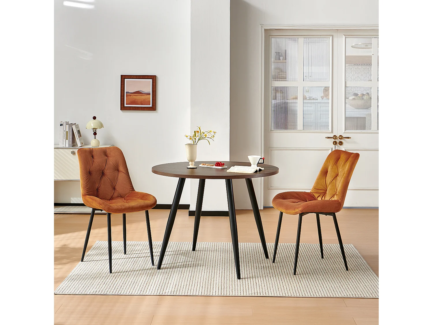 SONARA Modern Round Dark Walnut Dining Table with Velvet Chairs, 4 Seater Set
