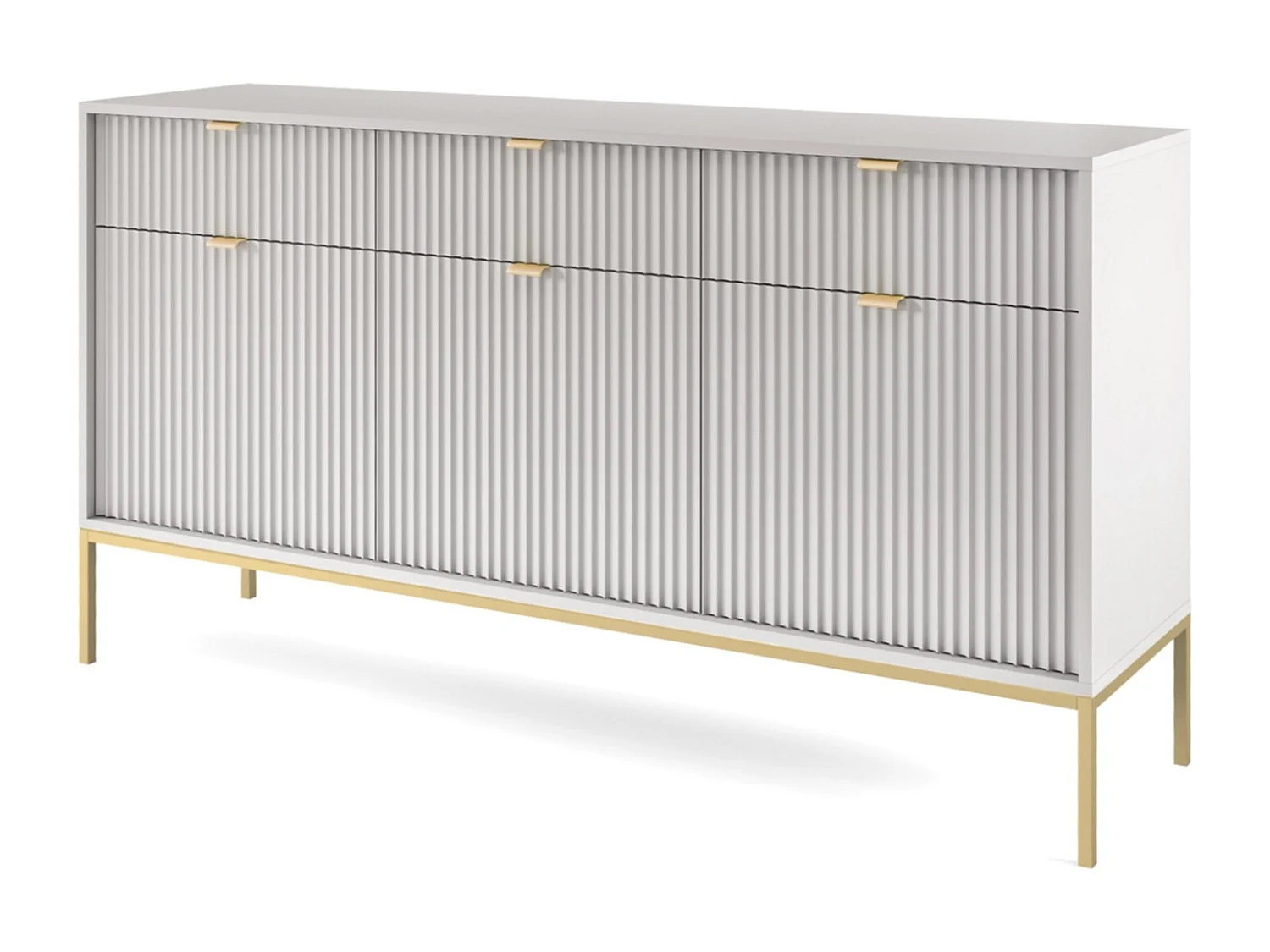 Commode 150 cm Galla à 3 portes, tiroirs, style moderne, Gris + Or