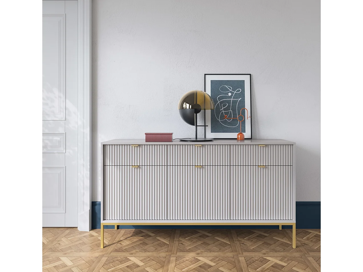 Commode 150 cm Galla à 3 portes, tiroirs, style moderne, Gris + Or