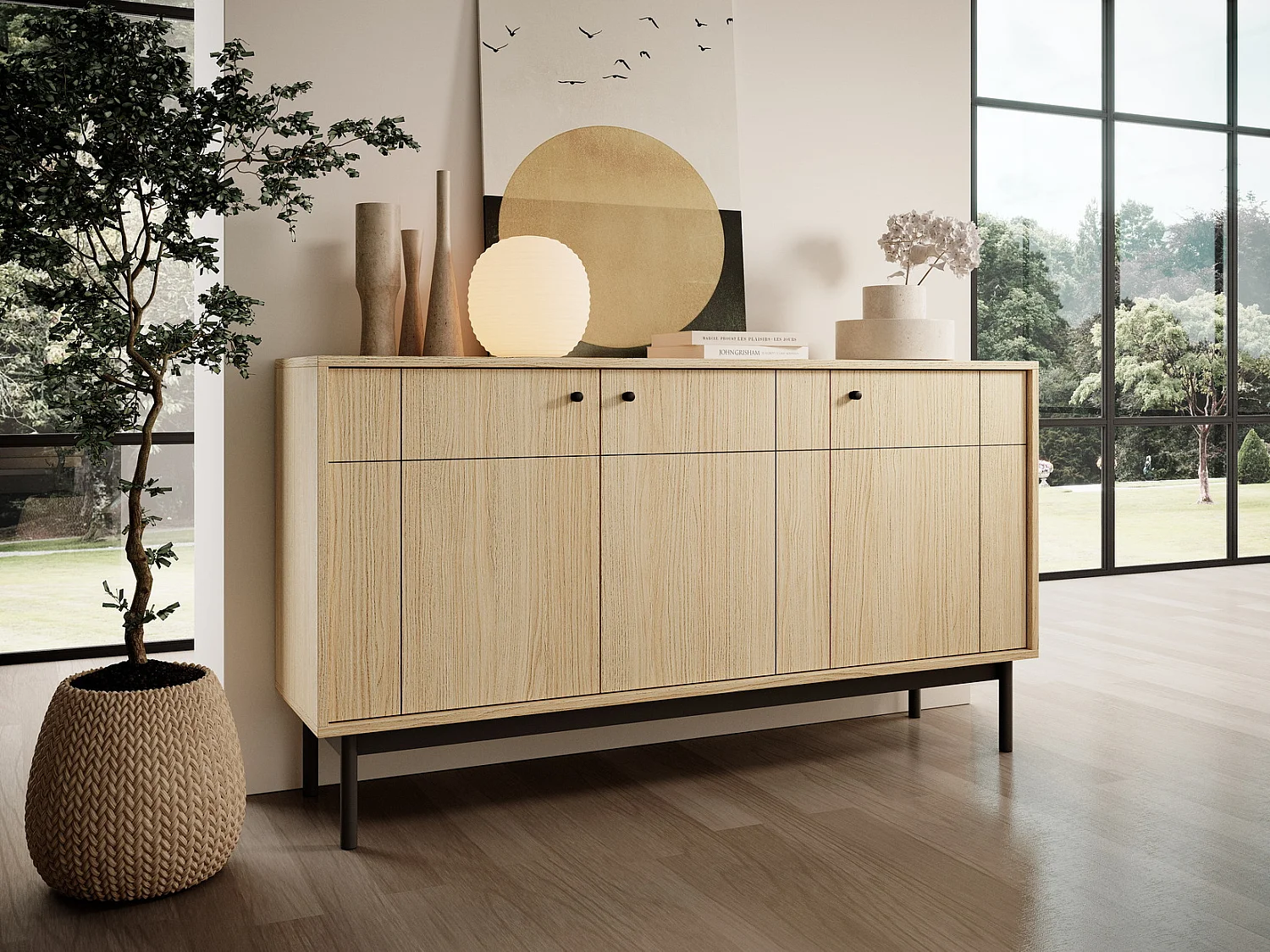Commode trois portes Lunaris sur pieds, pour le salon, commode 155 cm - chêne Linea