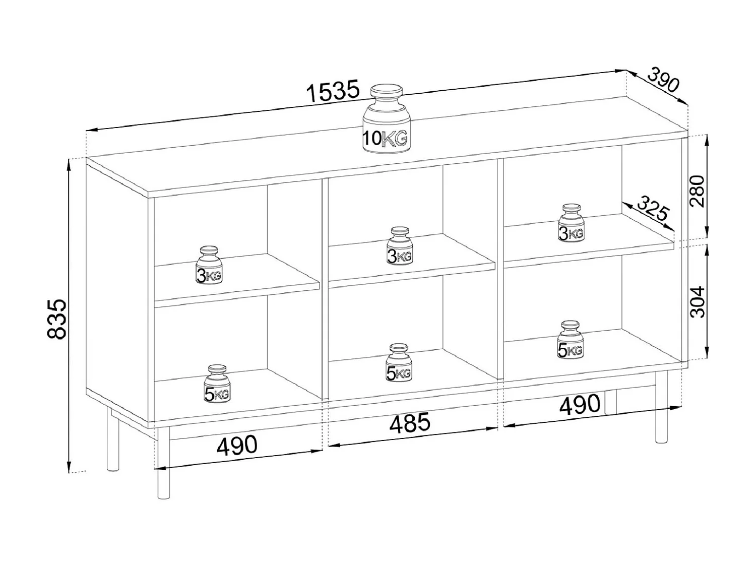 Commode trois portes Lunaris sur pieds, pour le salon, commode 155 cm - chêne Linea
