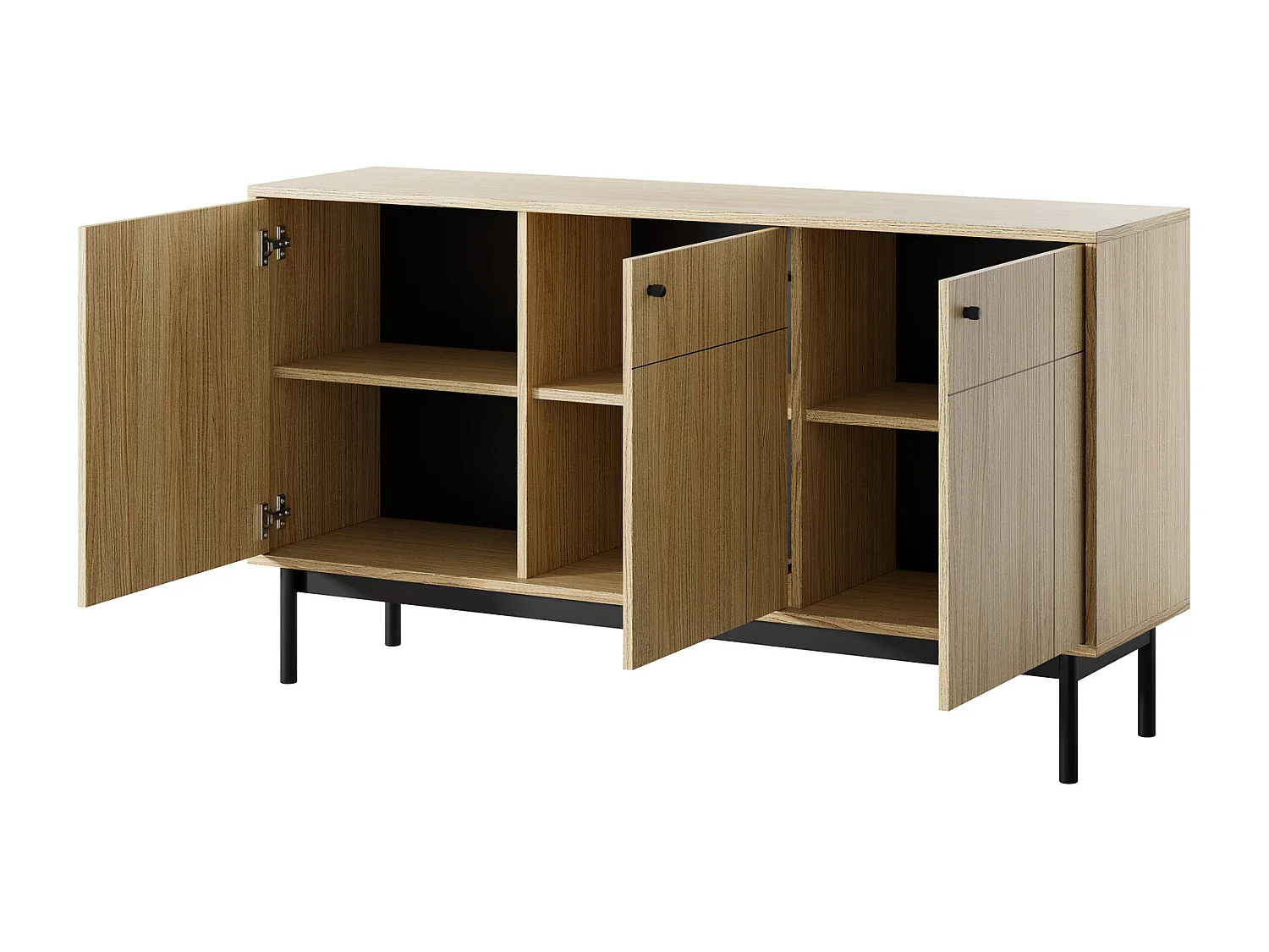 Commode trois portes Lunaris sur pieds, pour le salon, commode 155 cm - chêne Linea