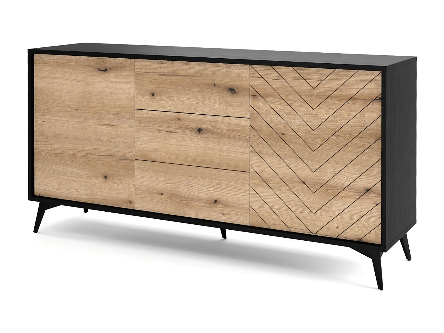 Commode 150 cm Emerald - pieds, 3 tiroirs, 2 portes, chêne Evoke