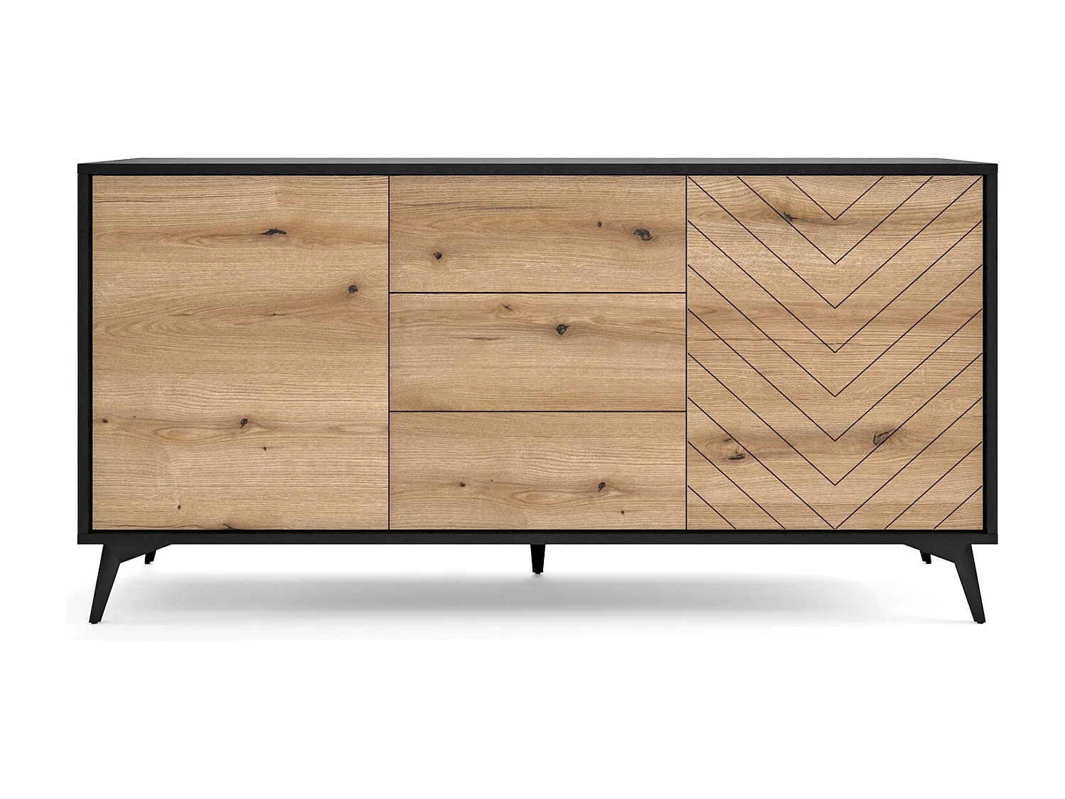 Commode 150 cm Emerald - pieds, 3 tiroirs, 2 portes, chêne Evoke